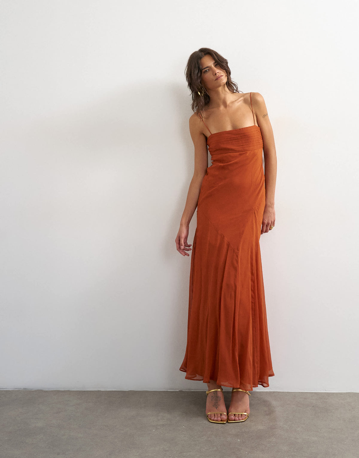 Topshop pintucked bust chiffon maxi dress in rust