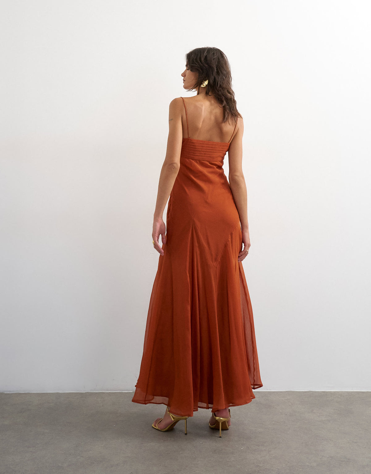Topshop pintucked bust chiffon maxi dress in rust