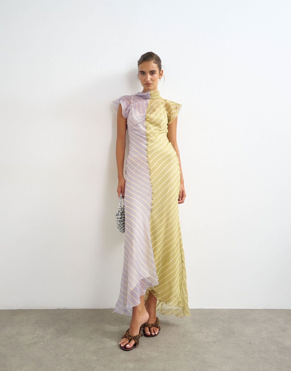 Topshop scarf detail chiffon maxi dress in purple and green stripe