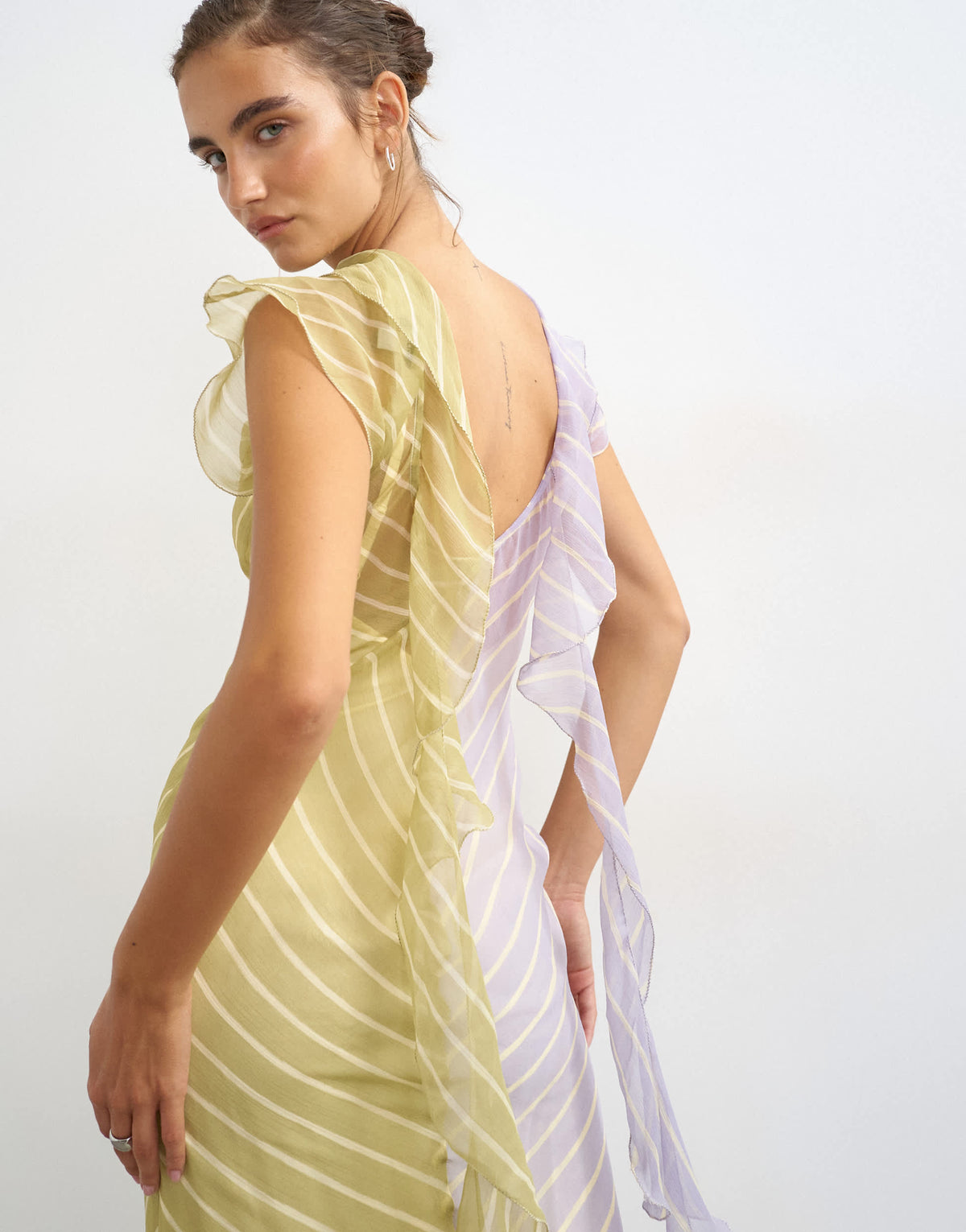 Topshop scarf detail chiffon maxi dress in purple and green stripe