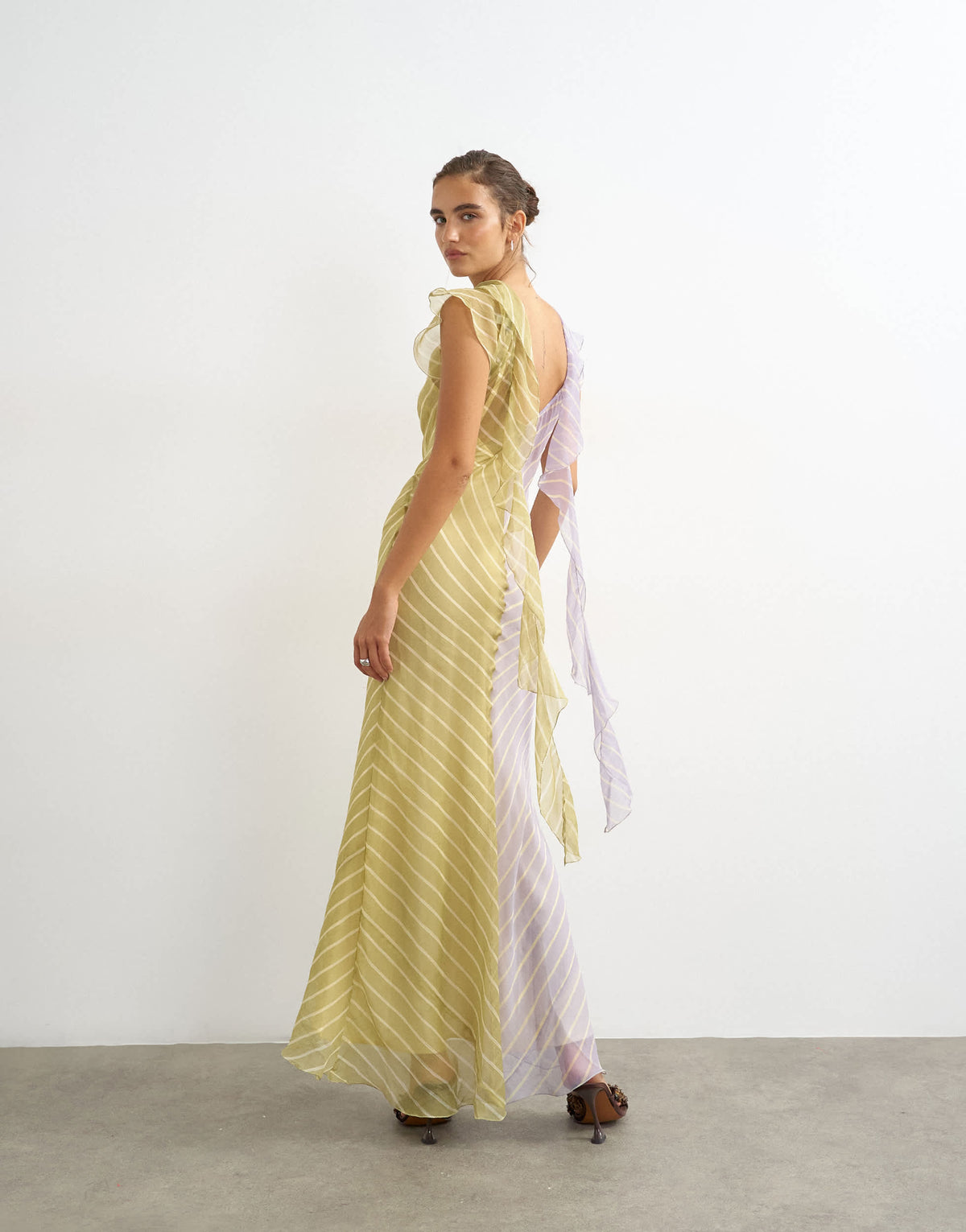 Topshop scarf detail chiffon maxi dress in purple and green stripe