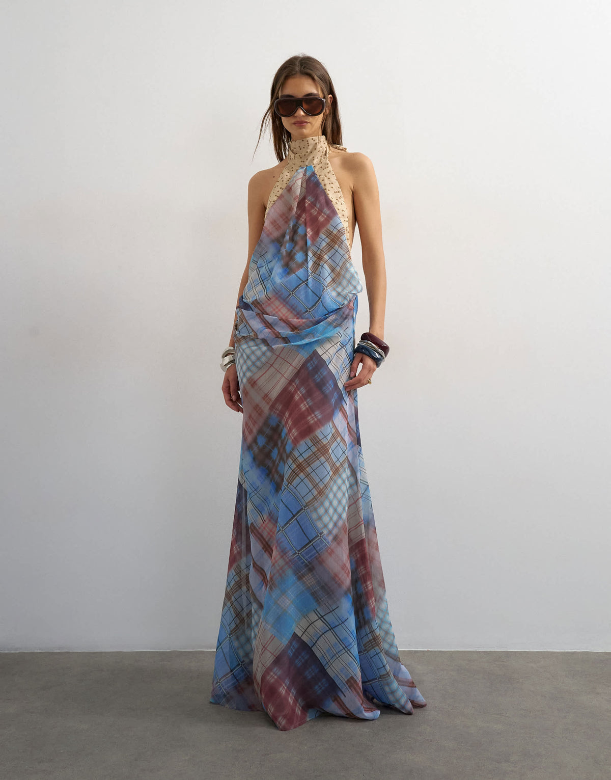 Topshop halter neck tucked side maxi dress in check ad polka dot