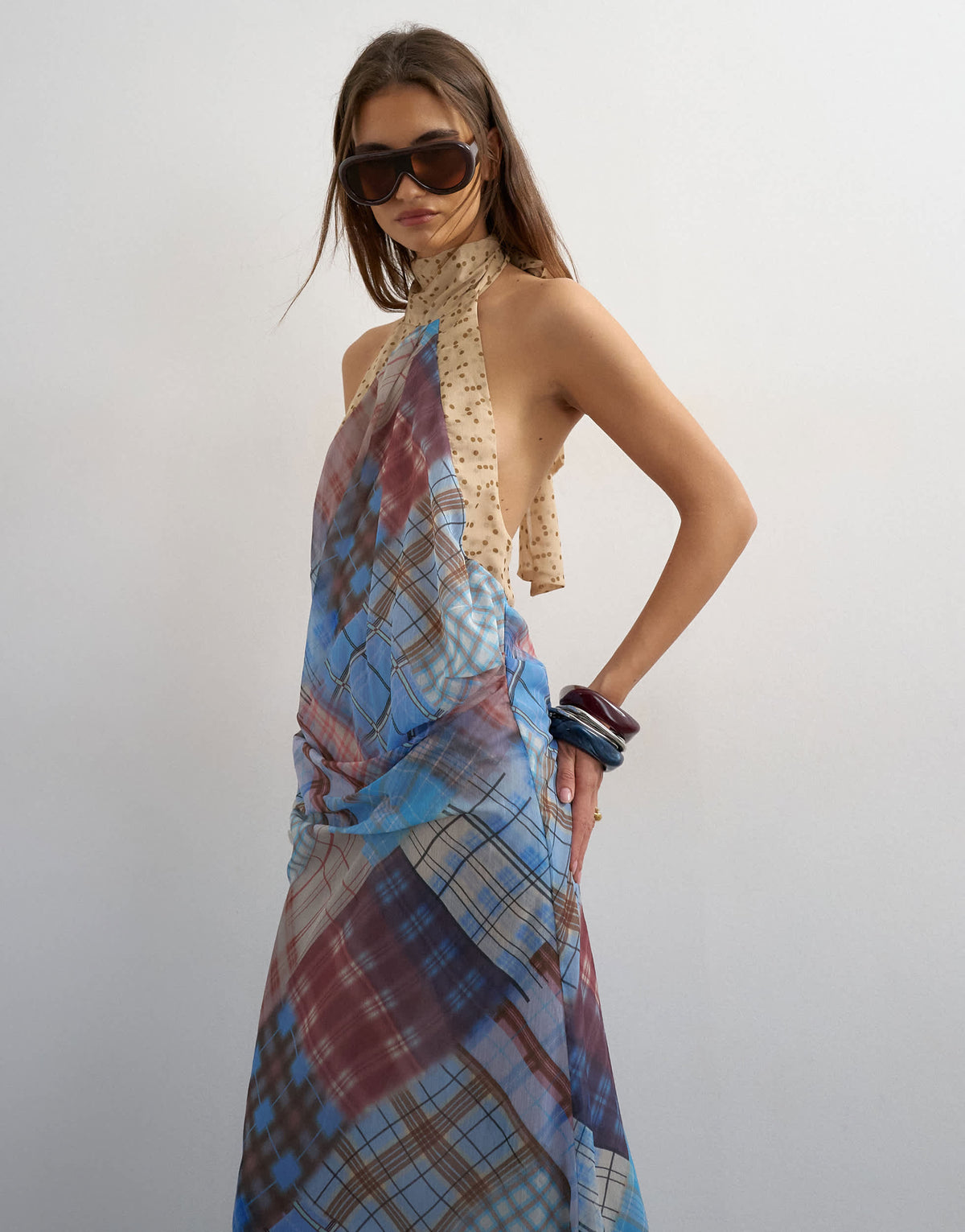 Topshop halter neck tucked side maxi dress in check ad polka dot
