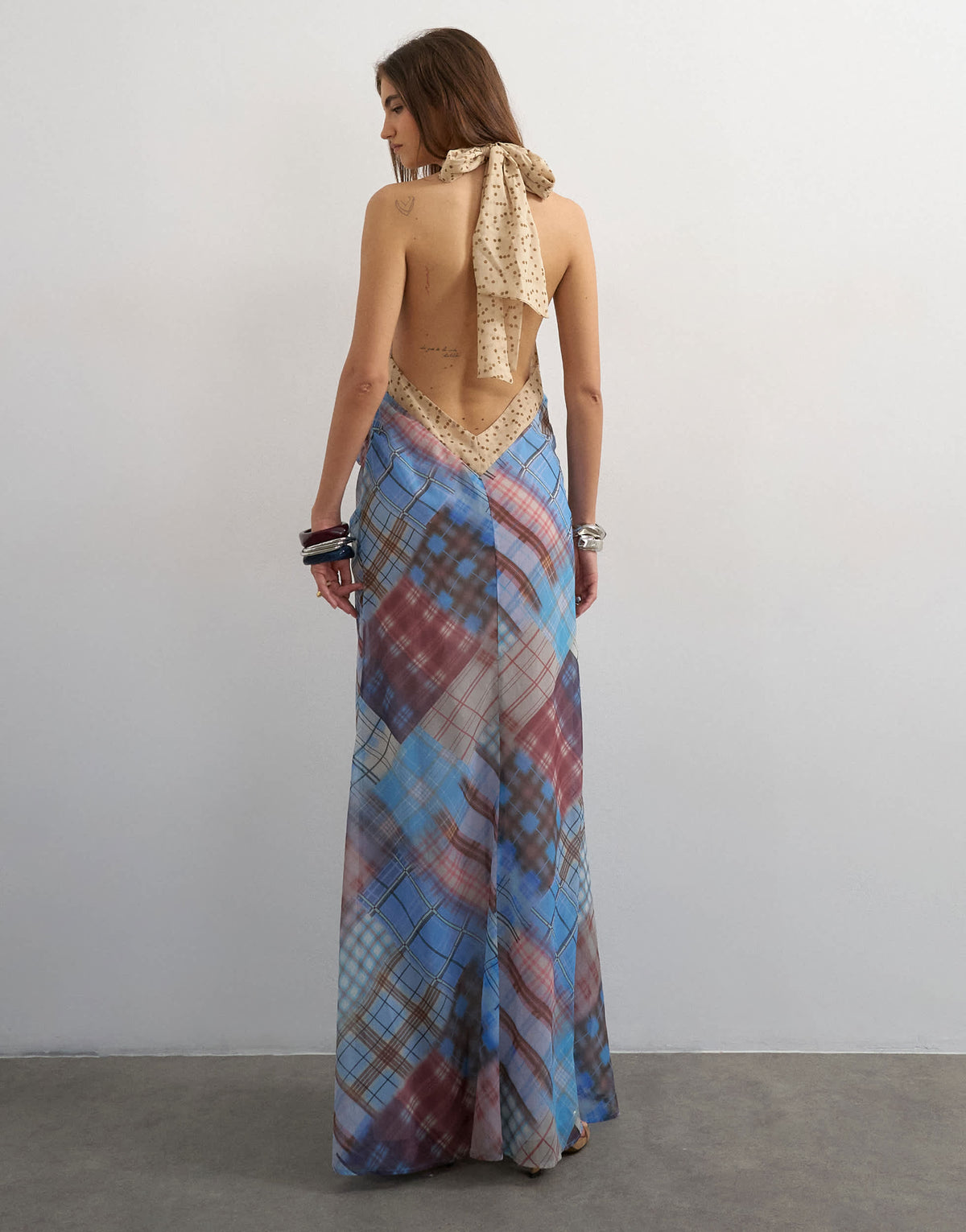 Topshop halter neck tucked side maxi dress in check ad polka dot