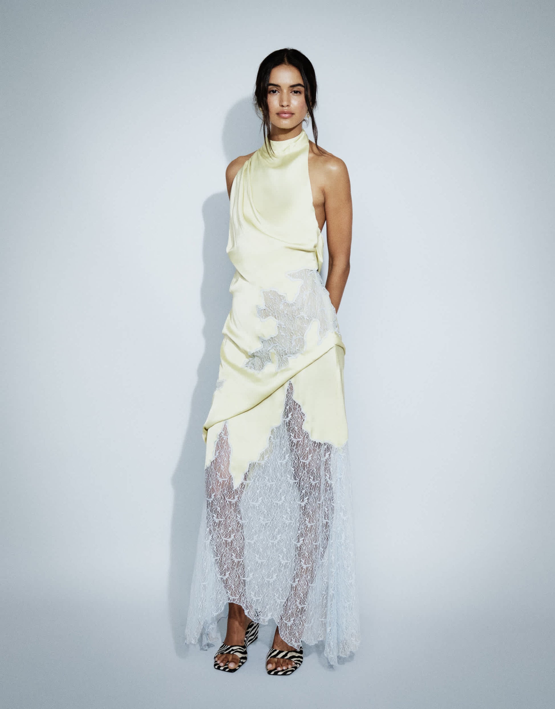 Topshop satin halter neck lace hem occasion maxi dress in lime and blue