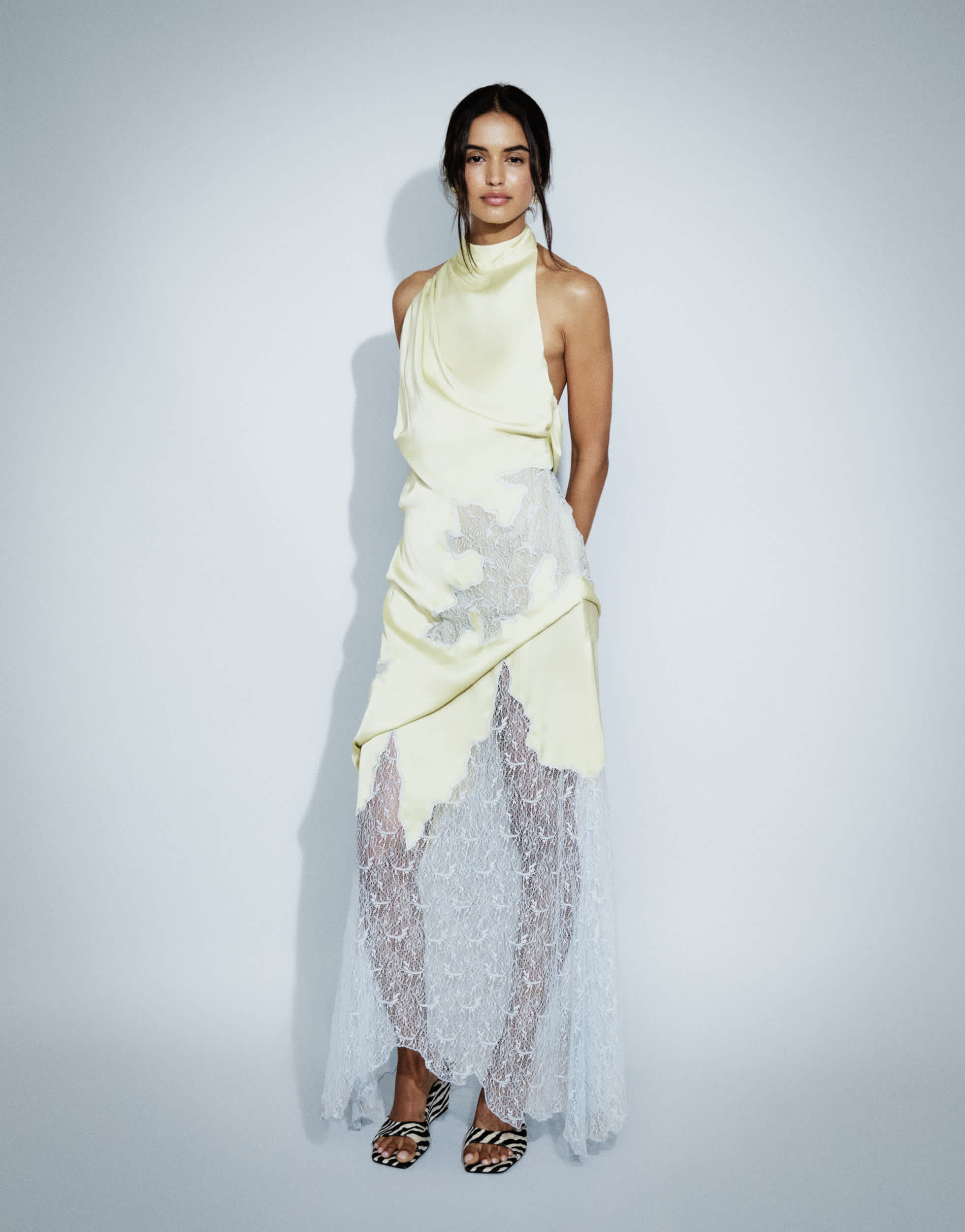 Topshop satin halter neck lace hem occasion maxi dress in lime and blue