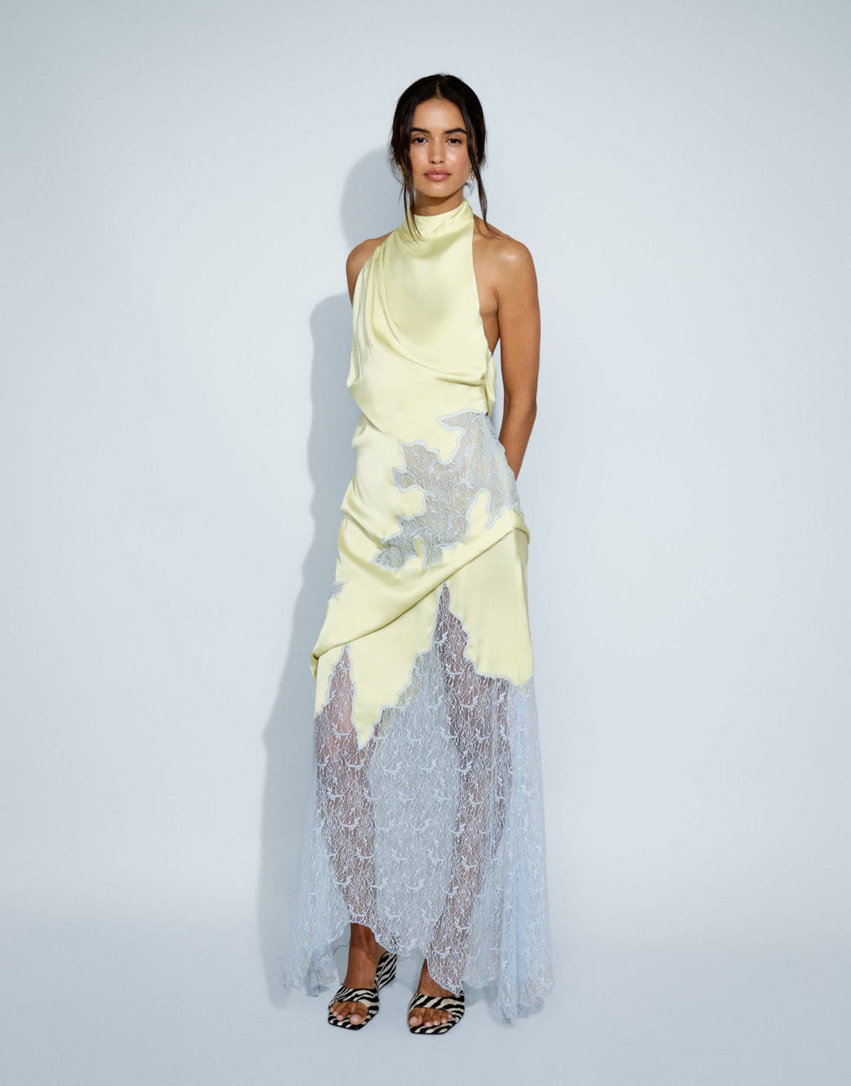 Topshop satin halter neck lace hem occasion maxi dress in lime and blue