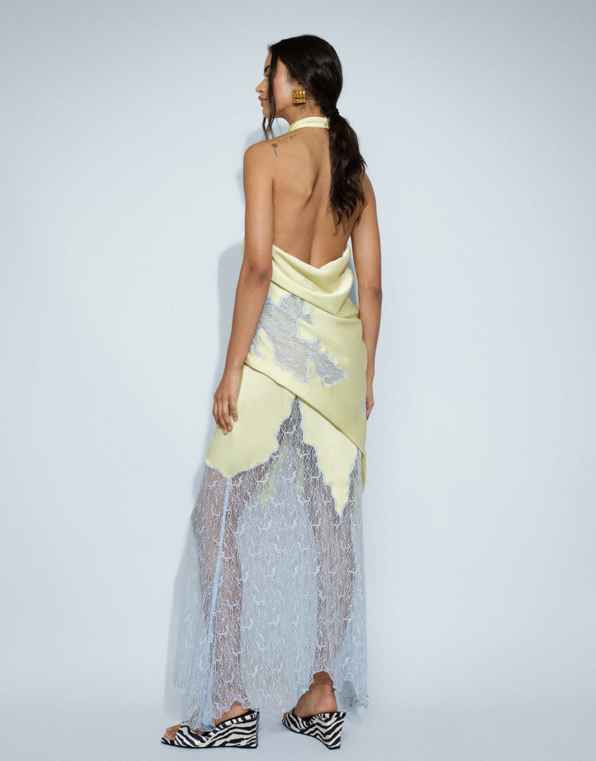 Topshop satin halter neck lace hem occasion maxi dress in lime and blue