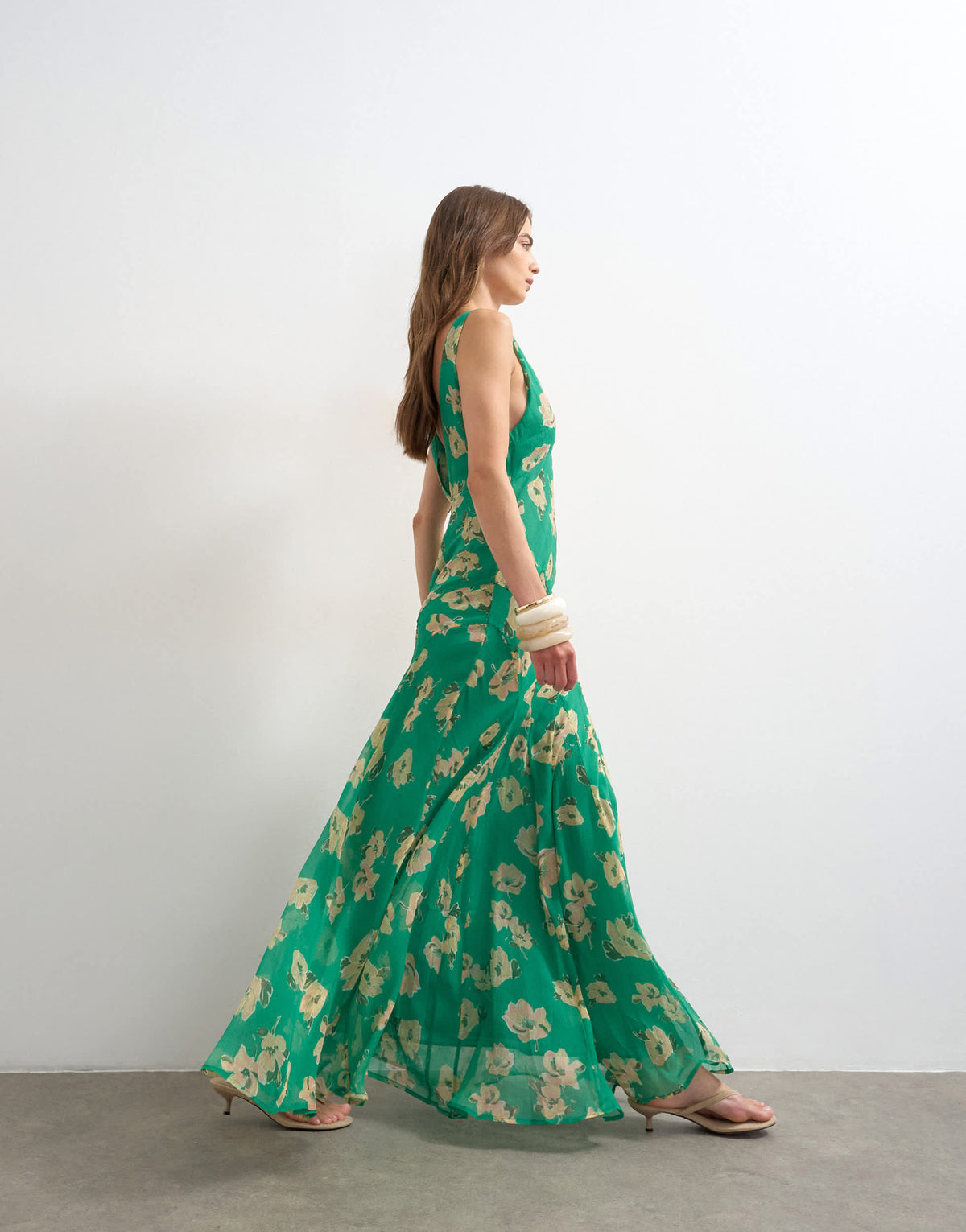 Topshop chiffon maxi dress with seam detail in green floral