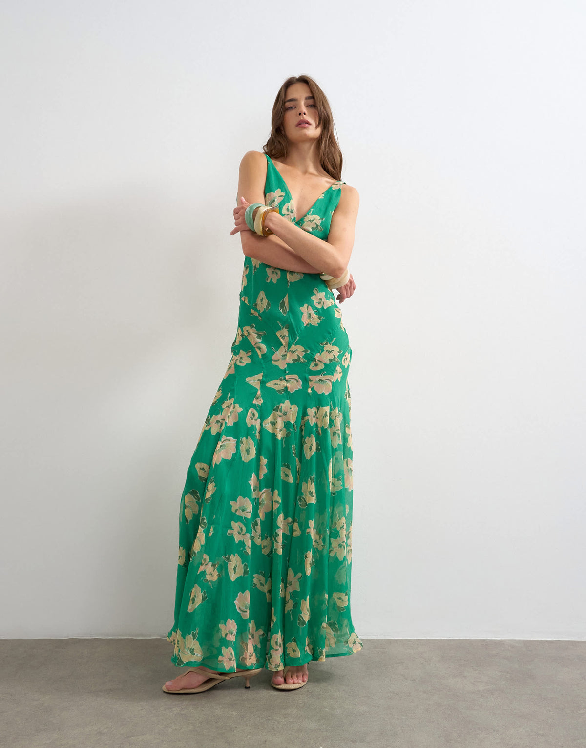 Topshop chiffon maxi dress with seam detail in green floral