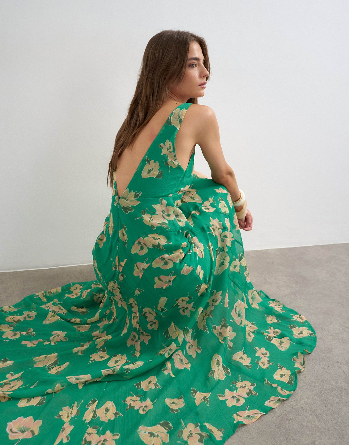 Topshop chiffon maxi dress with seam detail in green floral