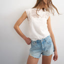 Topshop denim A-line short with rip in bleach