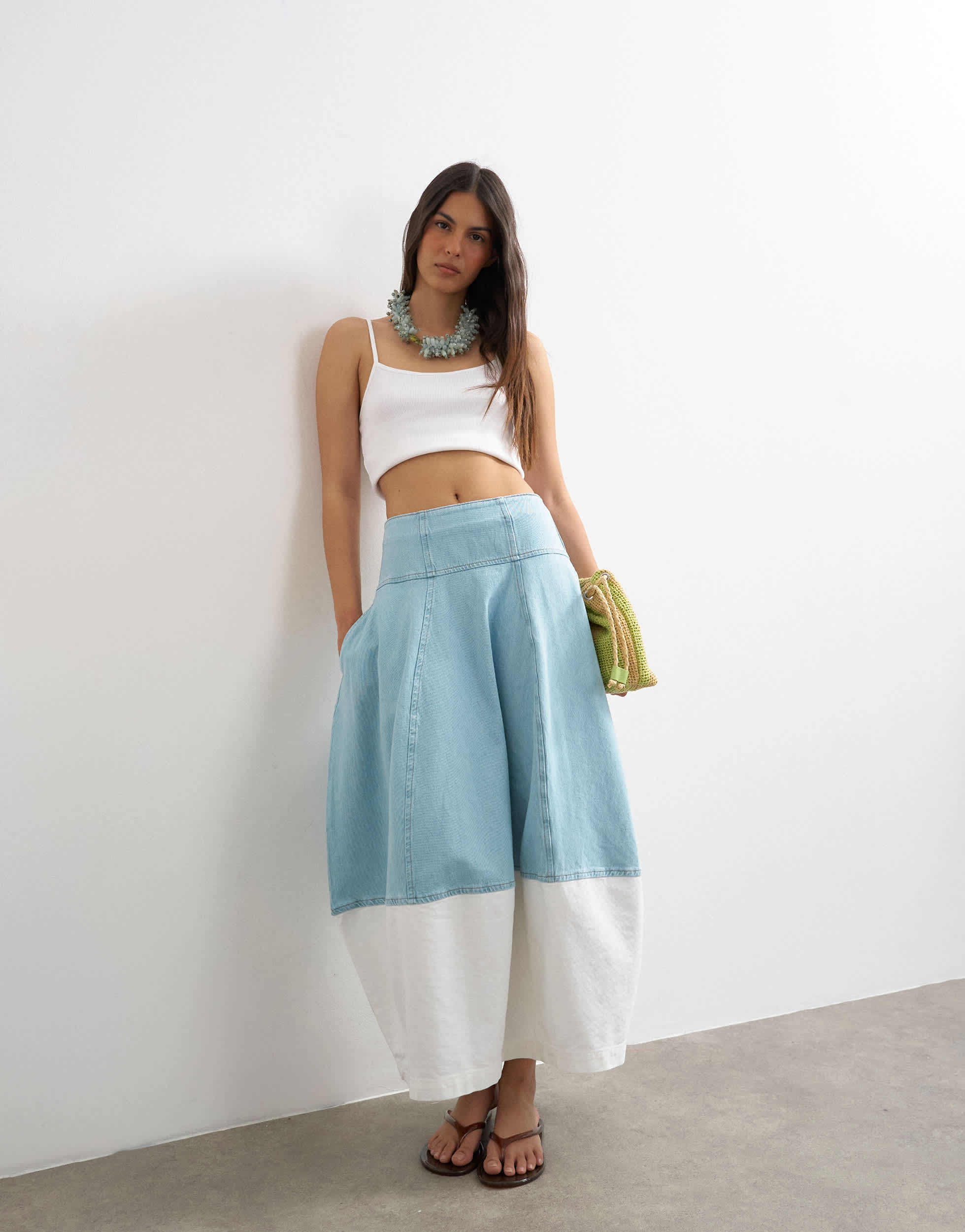 Topshop denim barrel seamed maxi skirt in bleach and ecru
