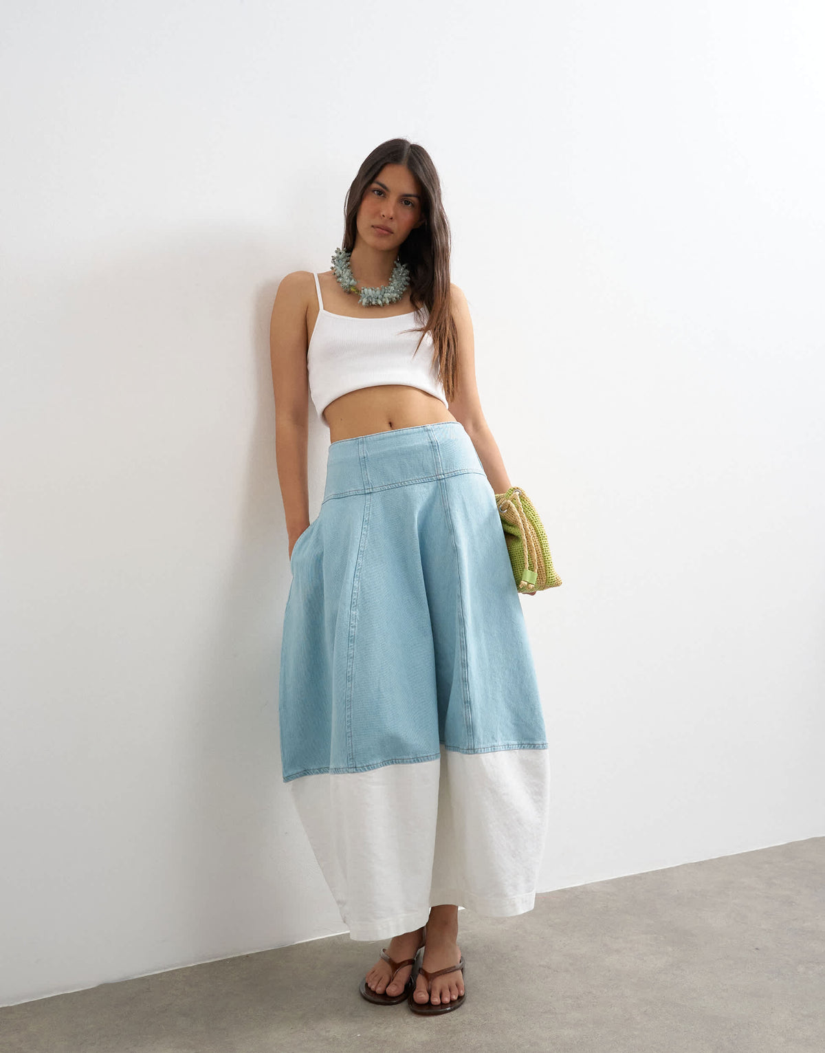 Topshop denim barrel seamed maxi skirt in bleach and ecru