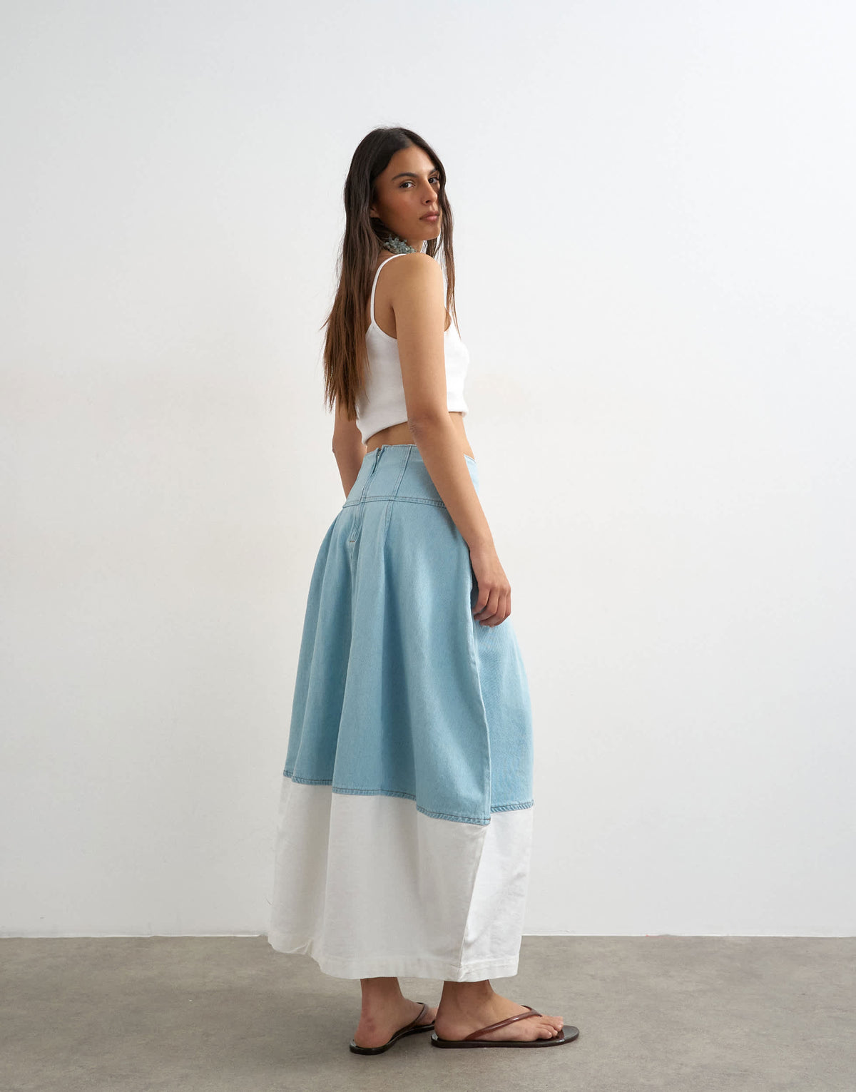 Topshop denim barrel seamed maxi skirt in bleach and ecru