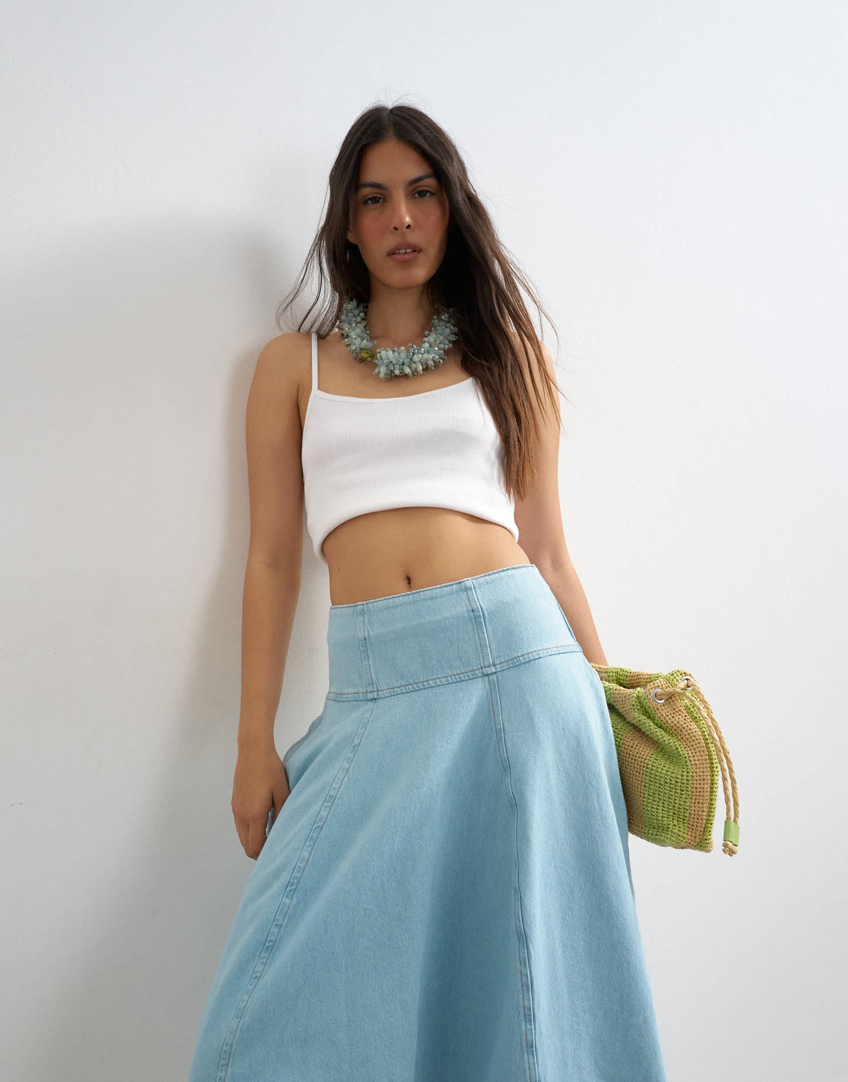 Topshop denim barrel seamed maxi skirt in bleach and ecru