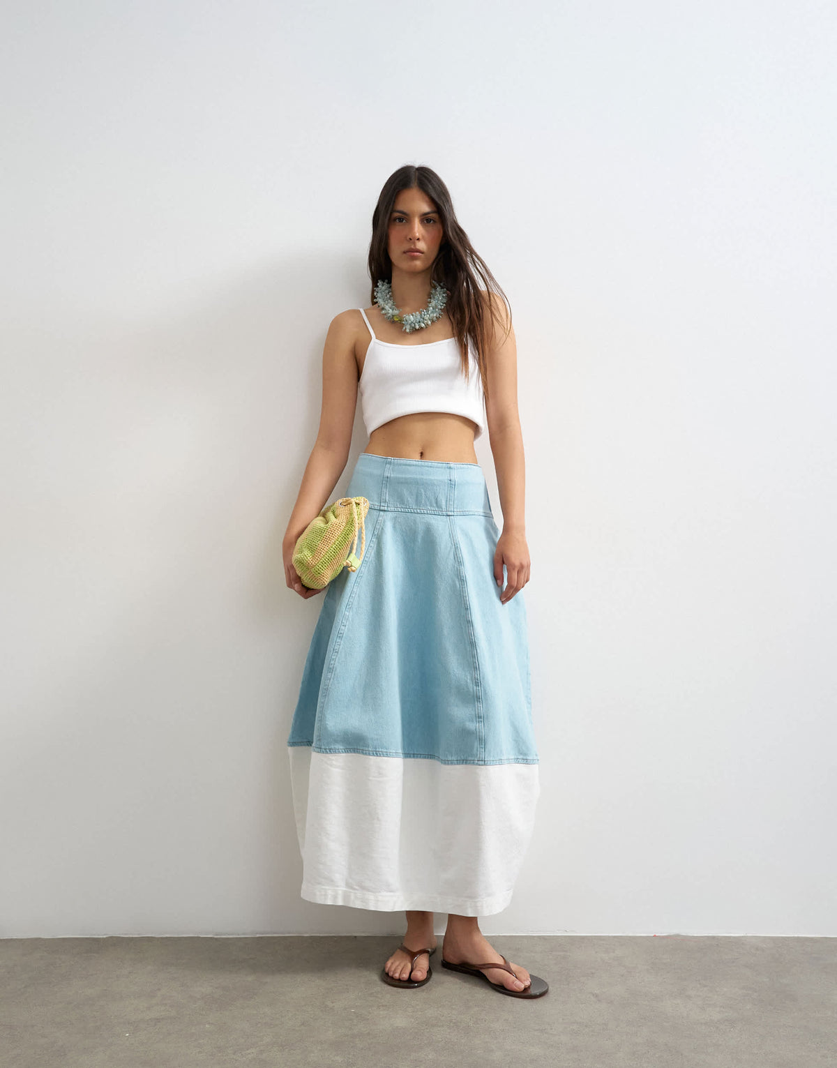 Topshop denim barrel seamed maxi skirt in bleach and ecru