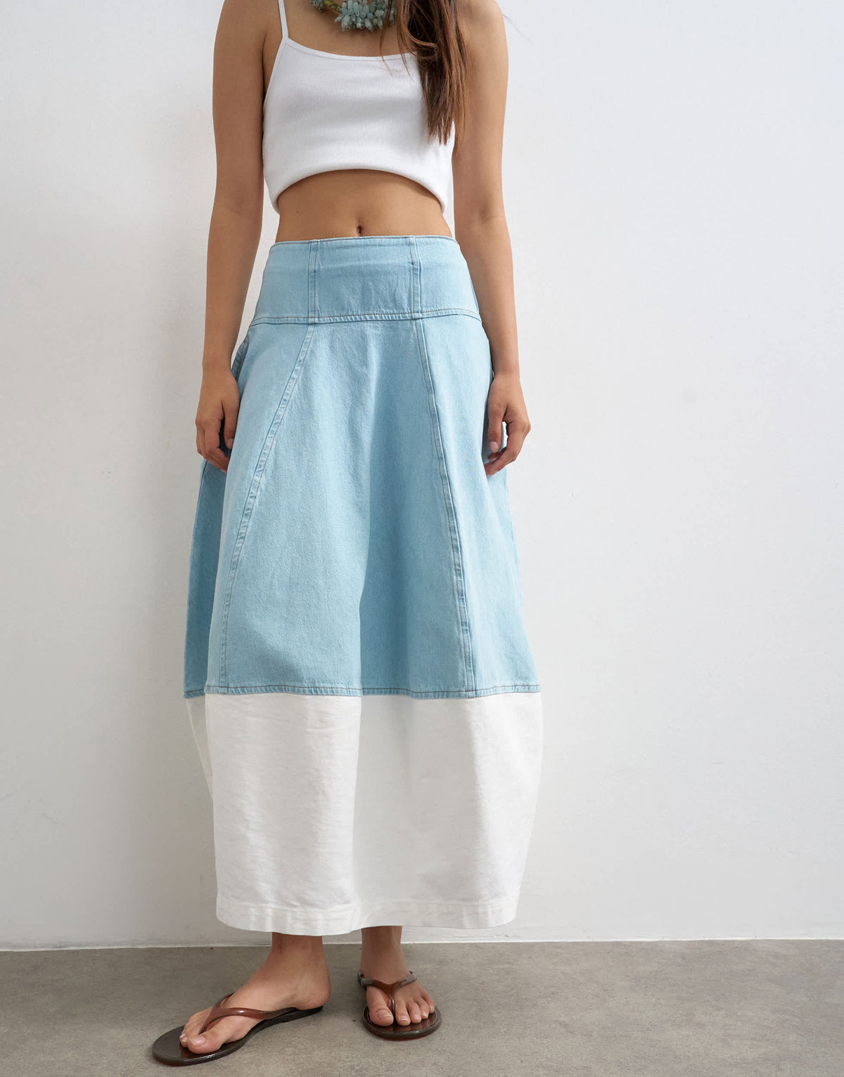 Topshop denim barrel seamed maxi skirt in bleach and ecru