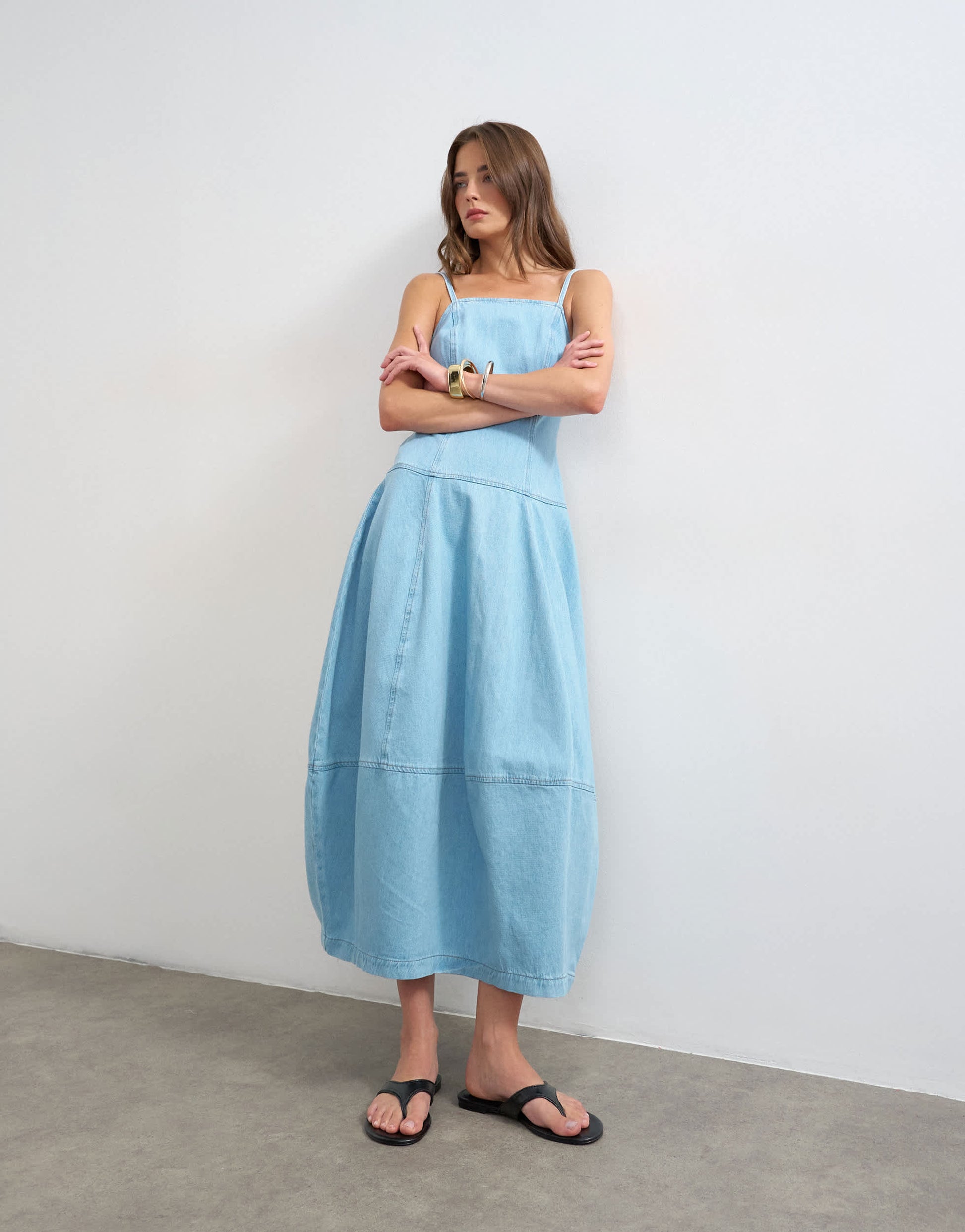 Topshop denim barrel maxi dress in bleach