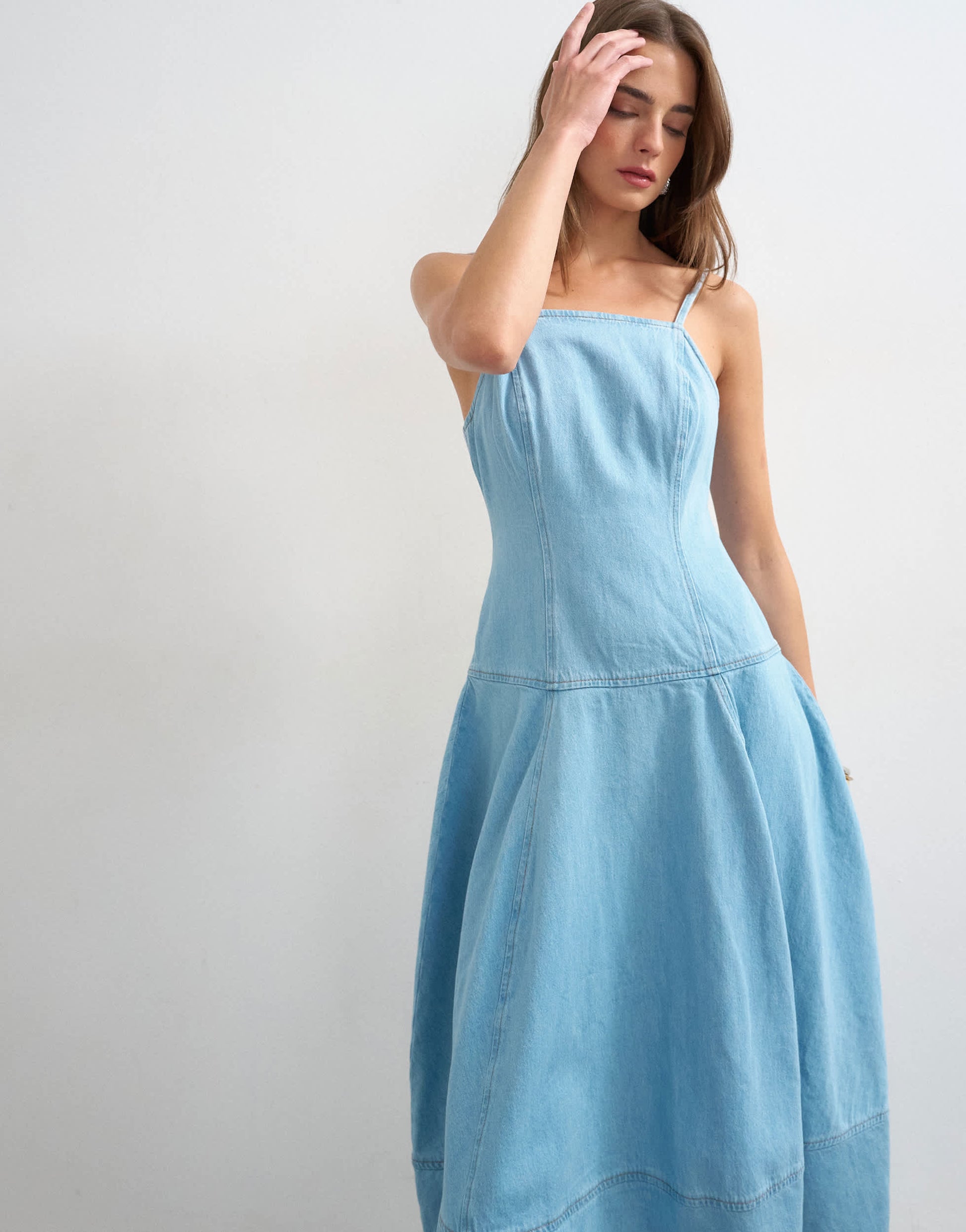 Topshop denim barrel maxi dress in bleach