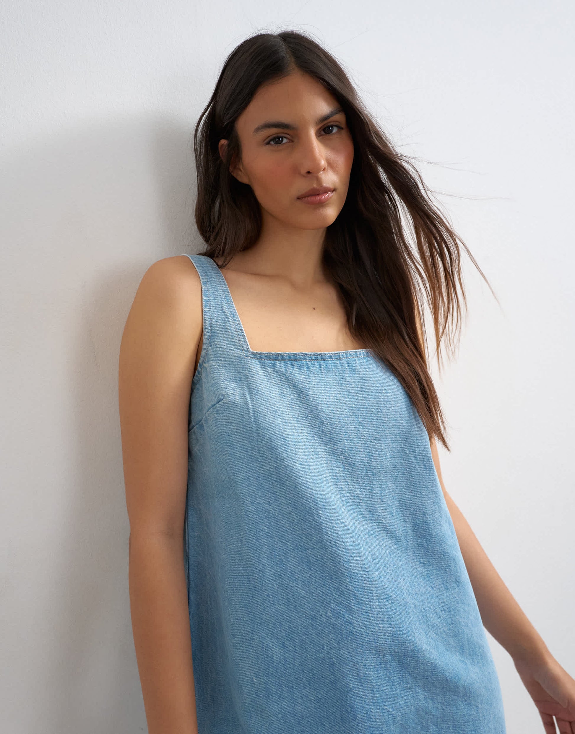 Topshop denim square neck pinny dress in bleach