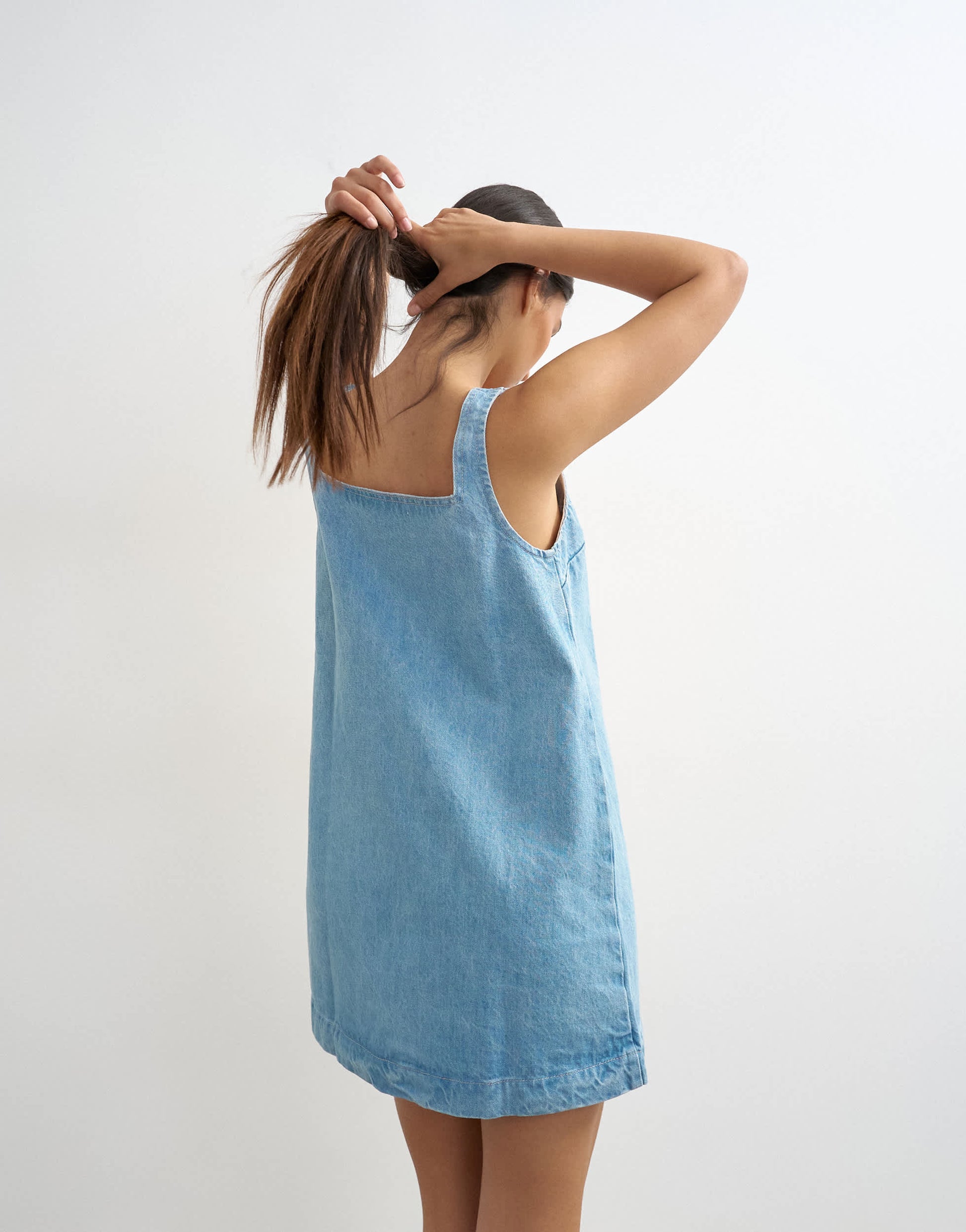 Topshop denim square neck pinny dress in bleach