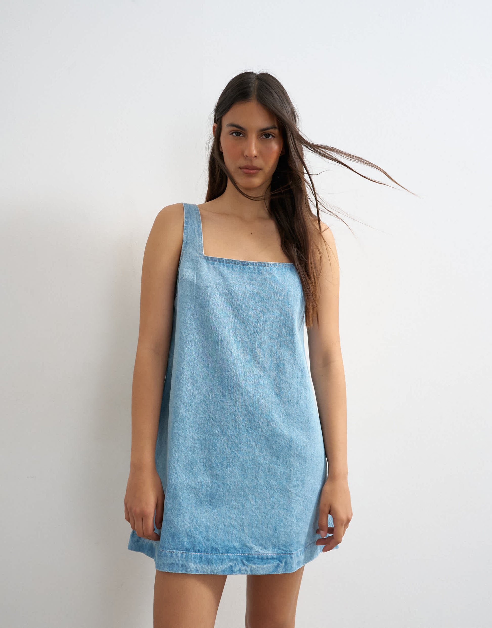 Topshop denim square neck pinny dress in bleach
