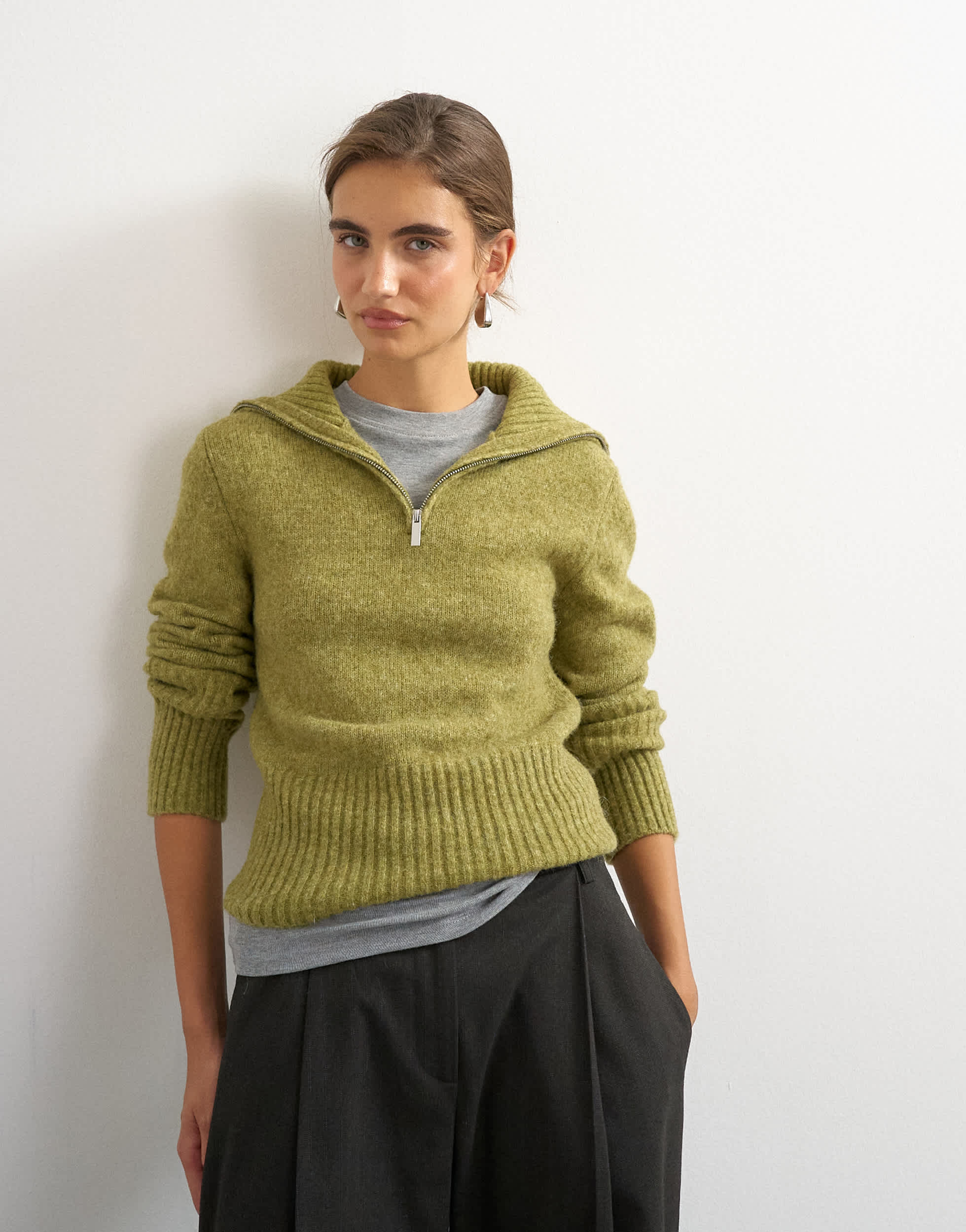 Topshop knitted half zip funnel neck jumper with wool in green
