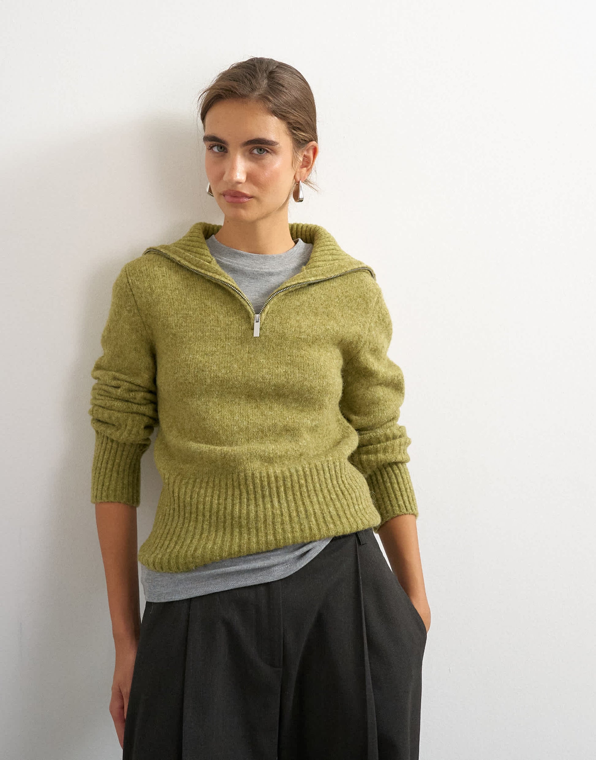 Topshop knitted half zip funnel neck jumper with wool in green