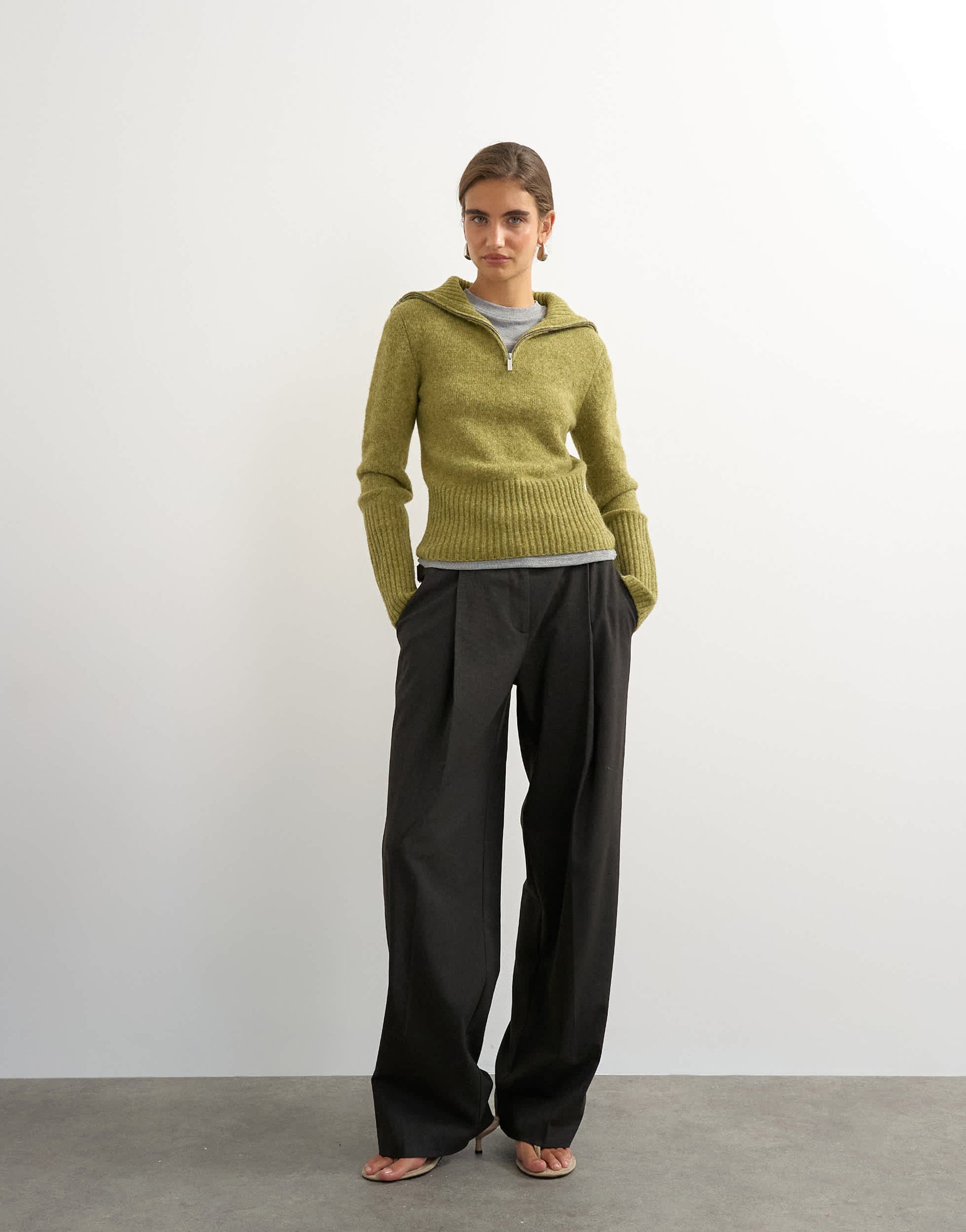 Topshop knitted half zip funnel neck jumper with wool in green