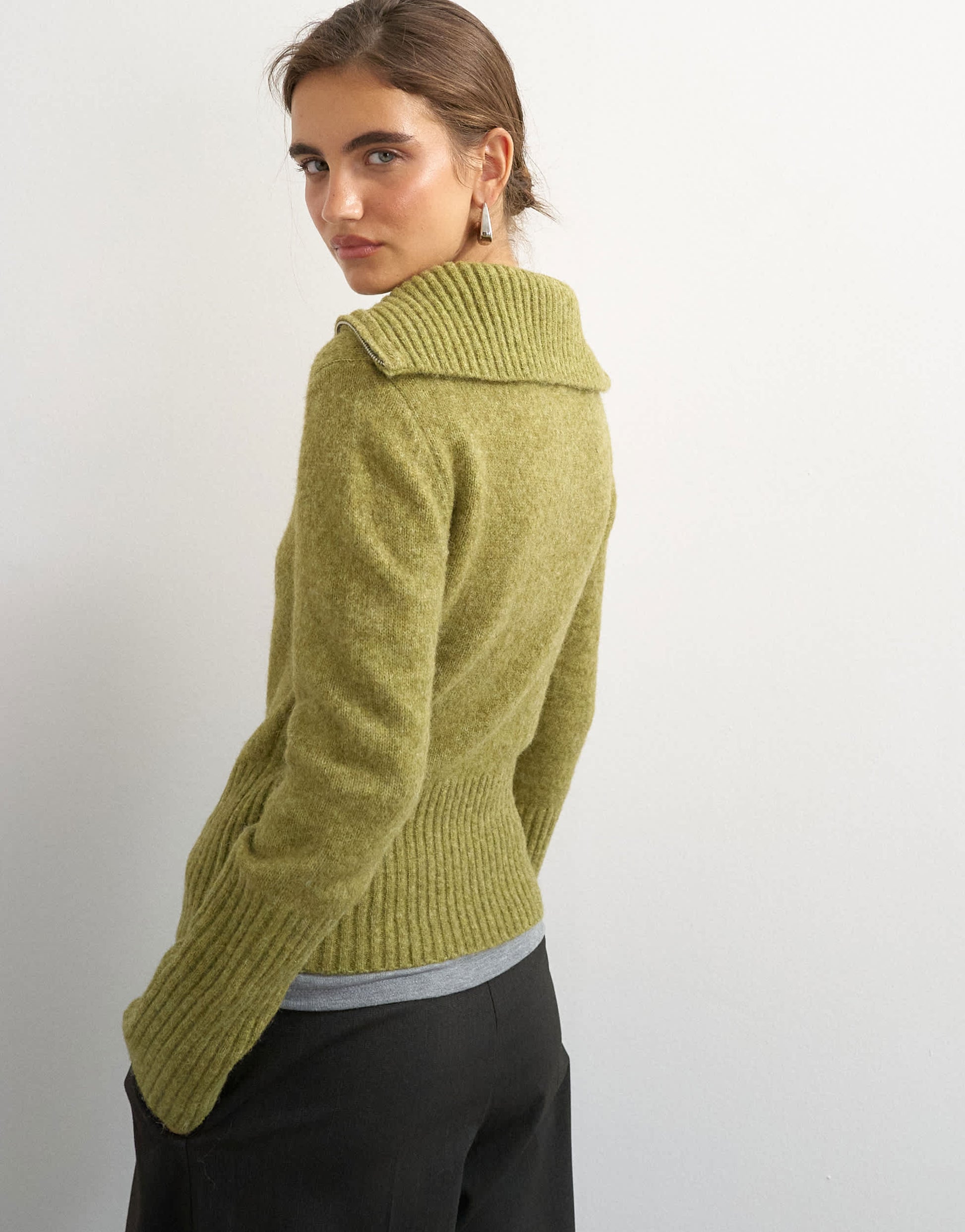 Topshop knitted half zip funnel neck jumper with wool in green