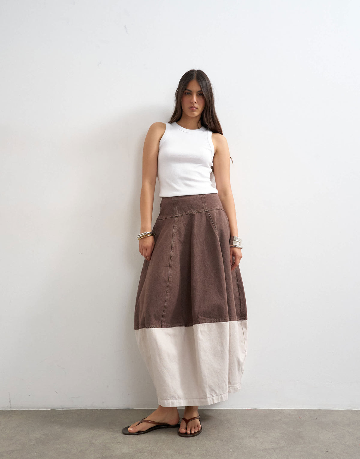 Topshop denim barrel seamed maxi skirt in brown and ecru