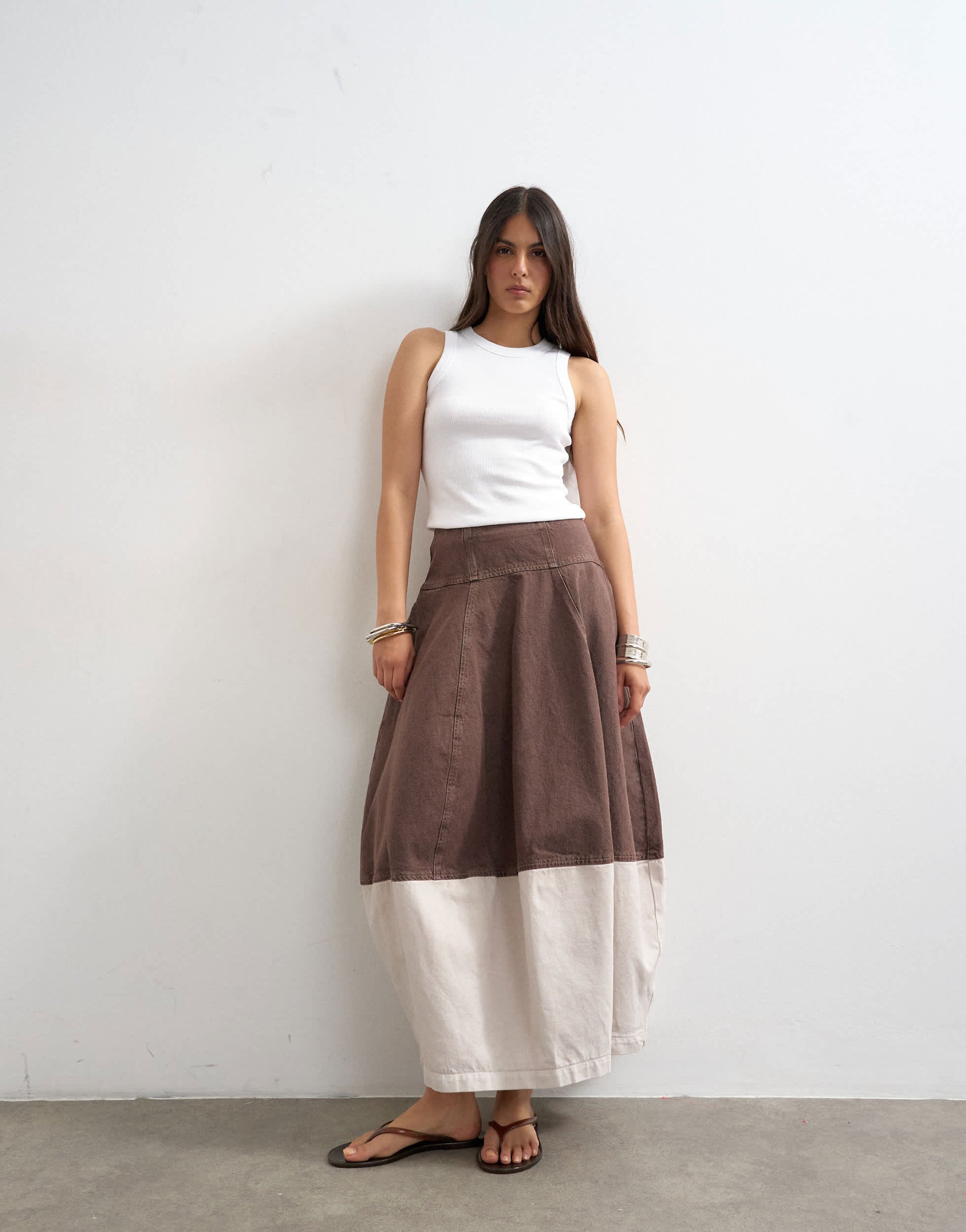 Topshop denim barrel seamed maxi skirt in brown and ecru