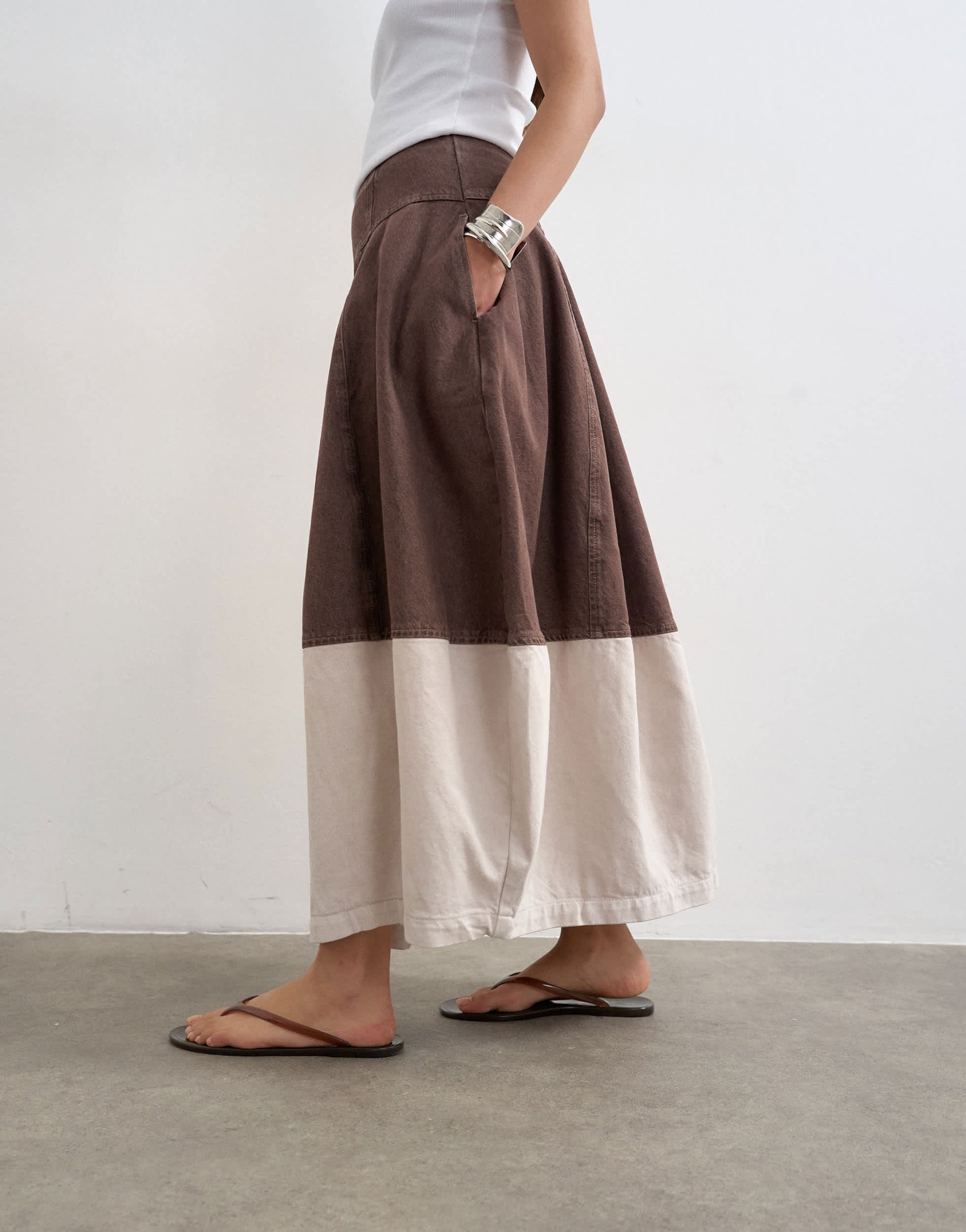 Topshop denim barrel seamed maxi skirt in brown and ecru