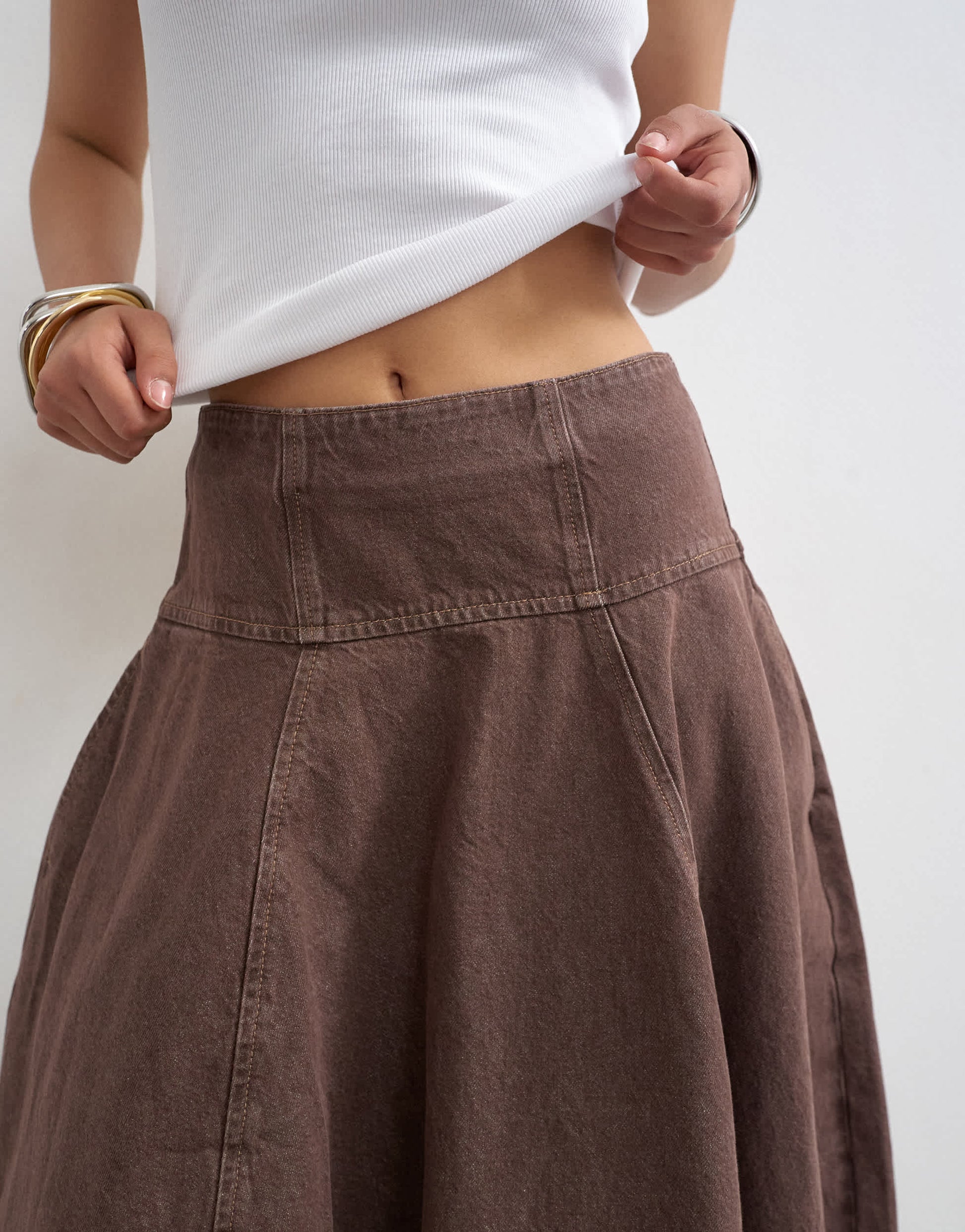 Topshop denim barrel seamed maxi skirt in brown and ecru