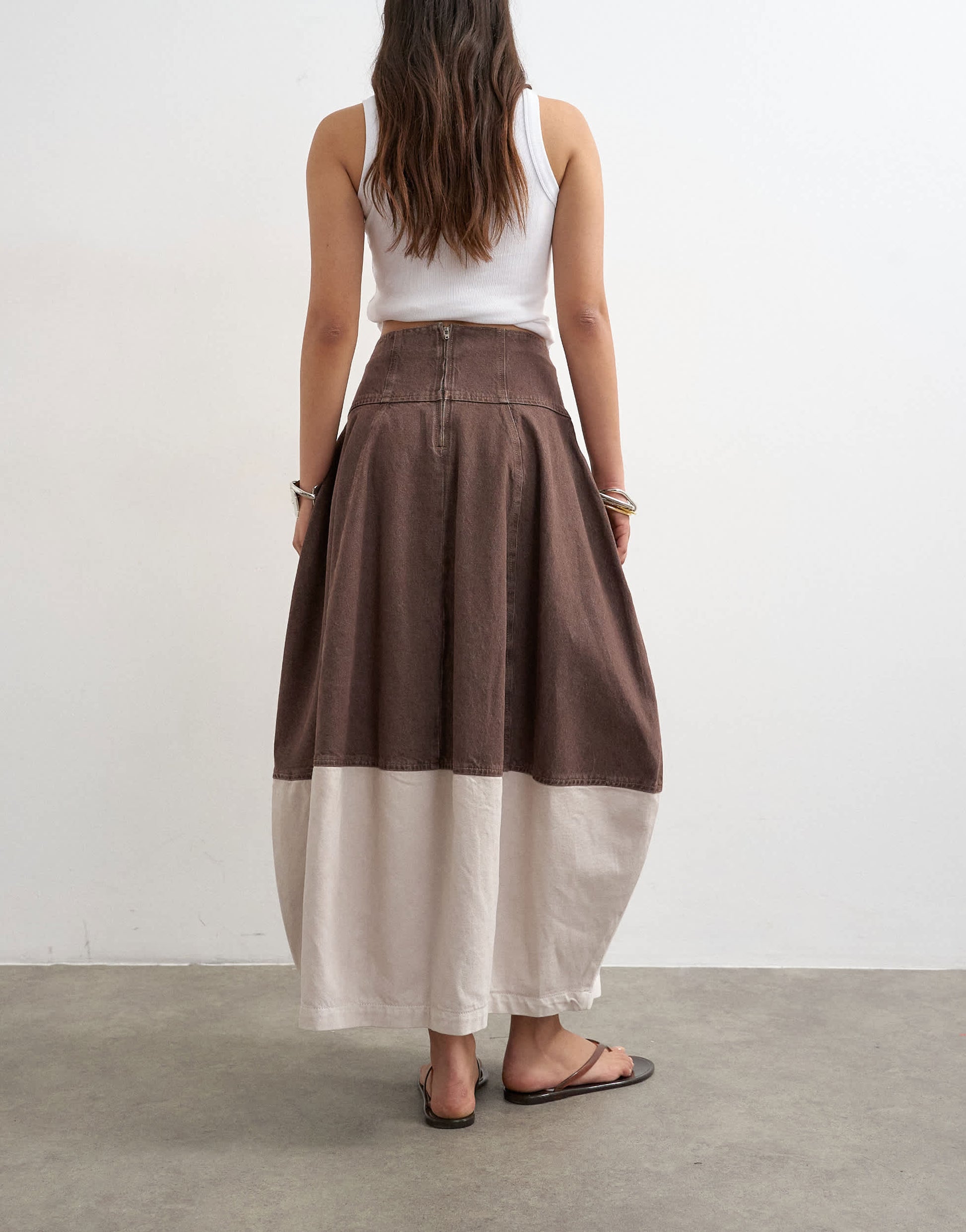 Topshop denim barrel seamed maxi skirt in brown and ecru