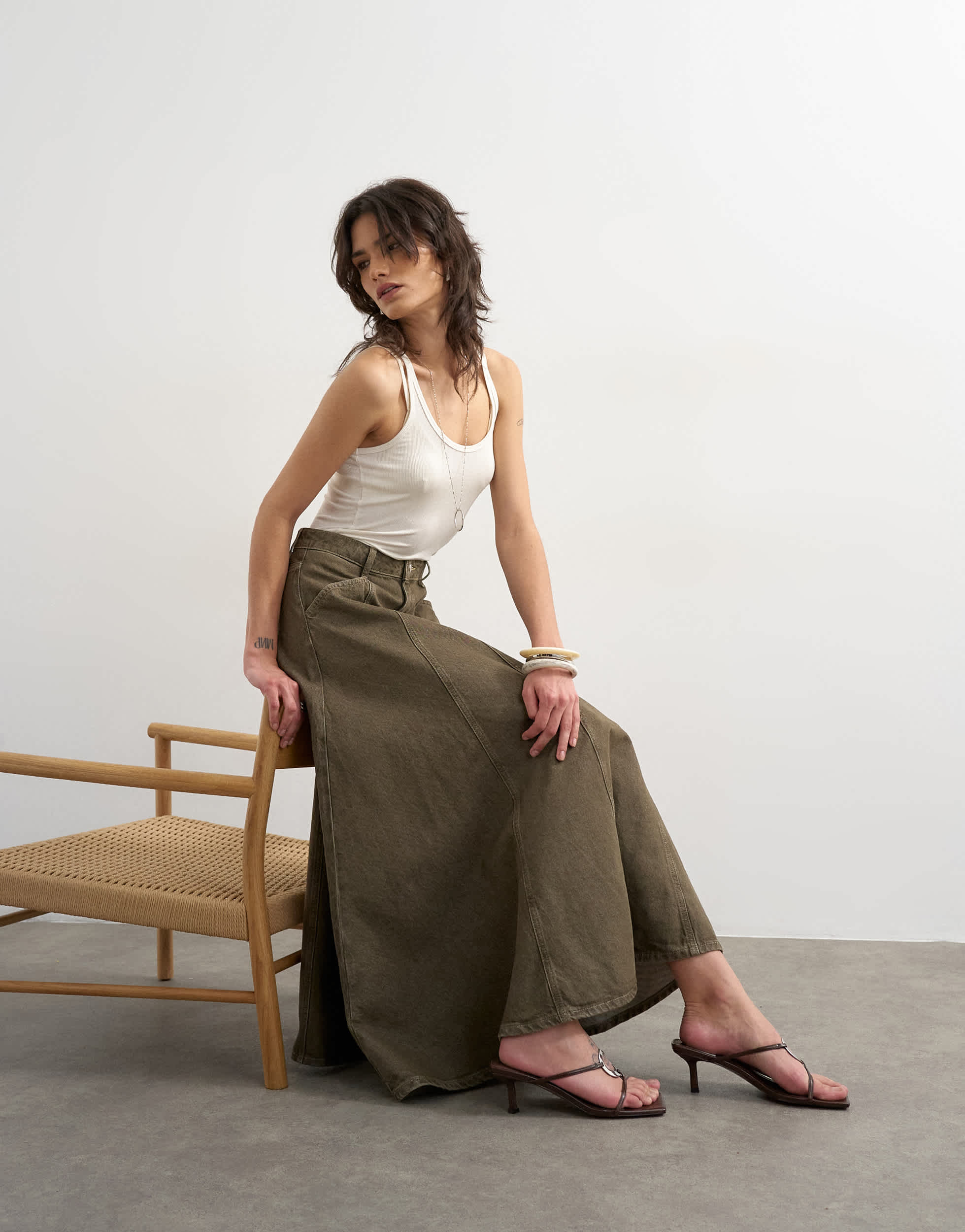 Topshop denim circle seamed maxi skirt in olive