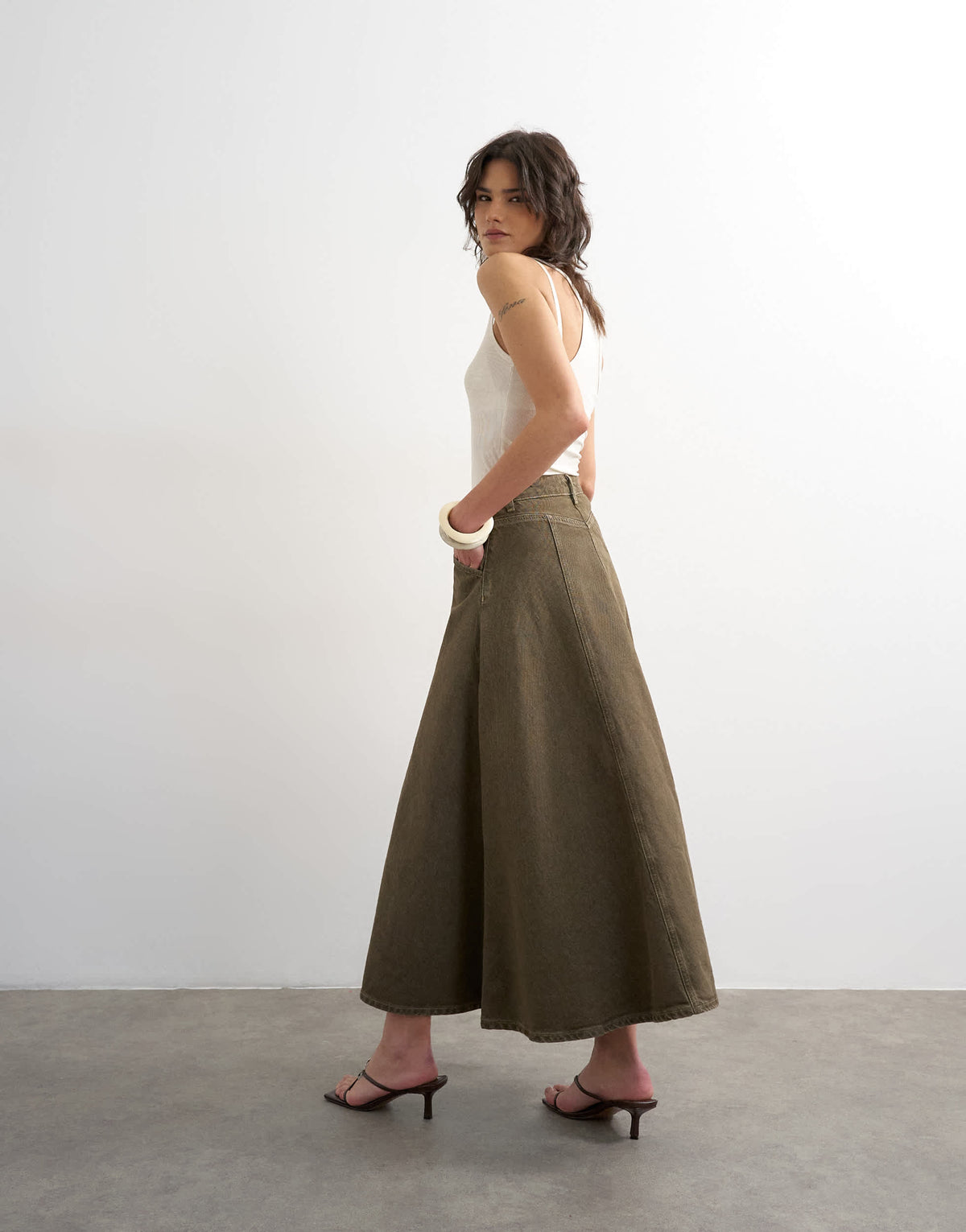 Topshop denim circle seamed maxi skirt in olive