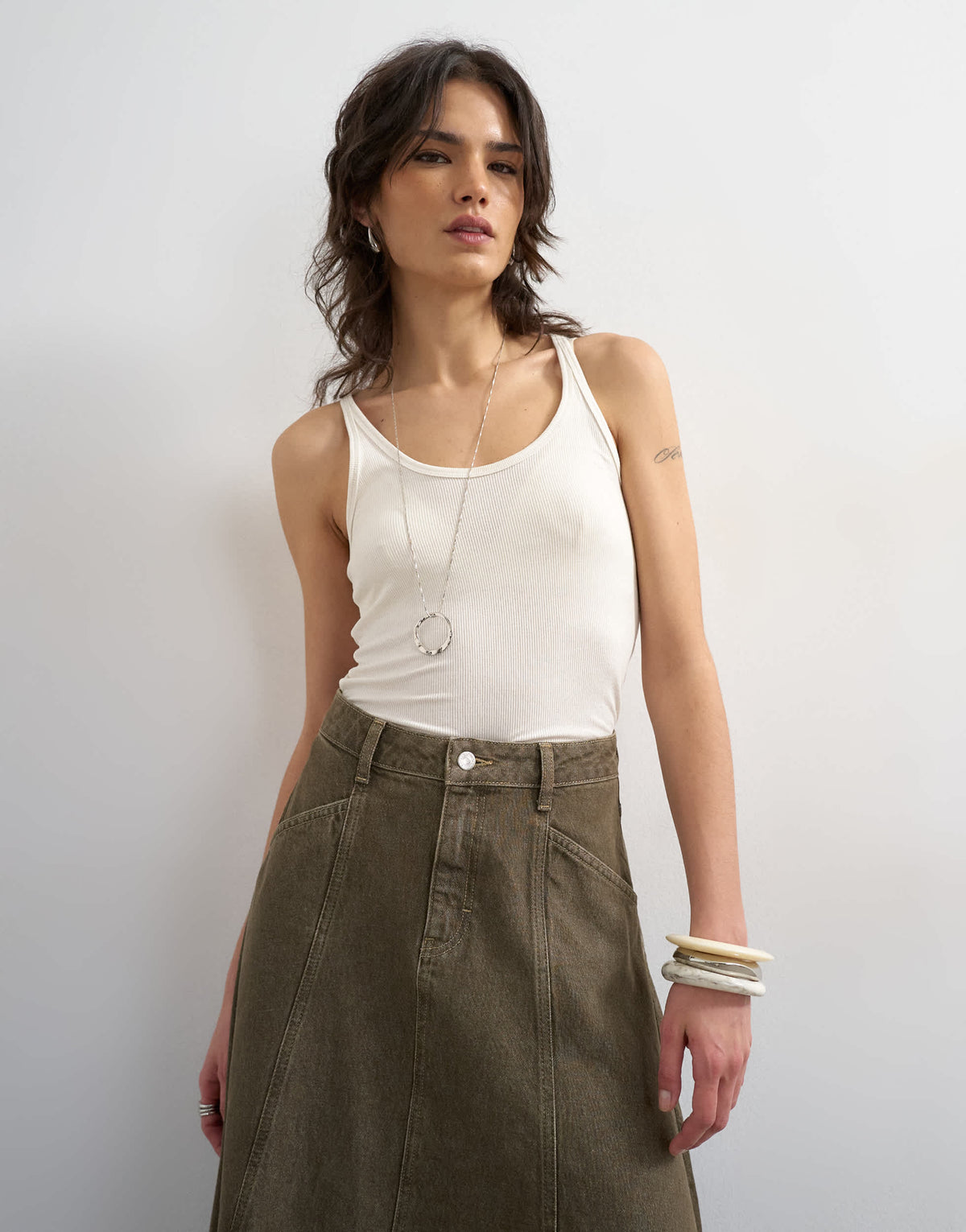 Topshop denim circle seamed maxi skirt in olive