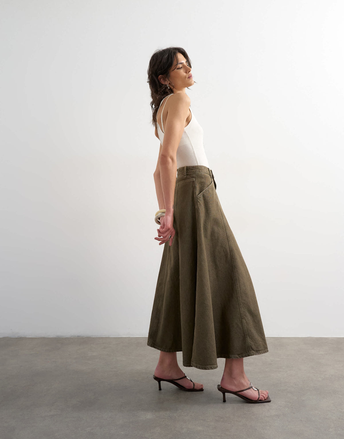 Topshop denim circle seamed maxi skirt in olive