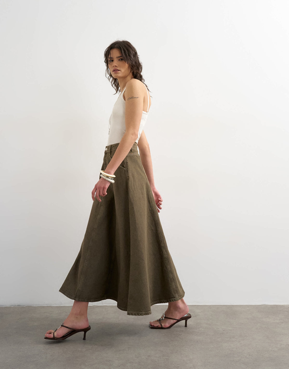 Topshop denim circle seamed maxi skirt in olive