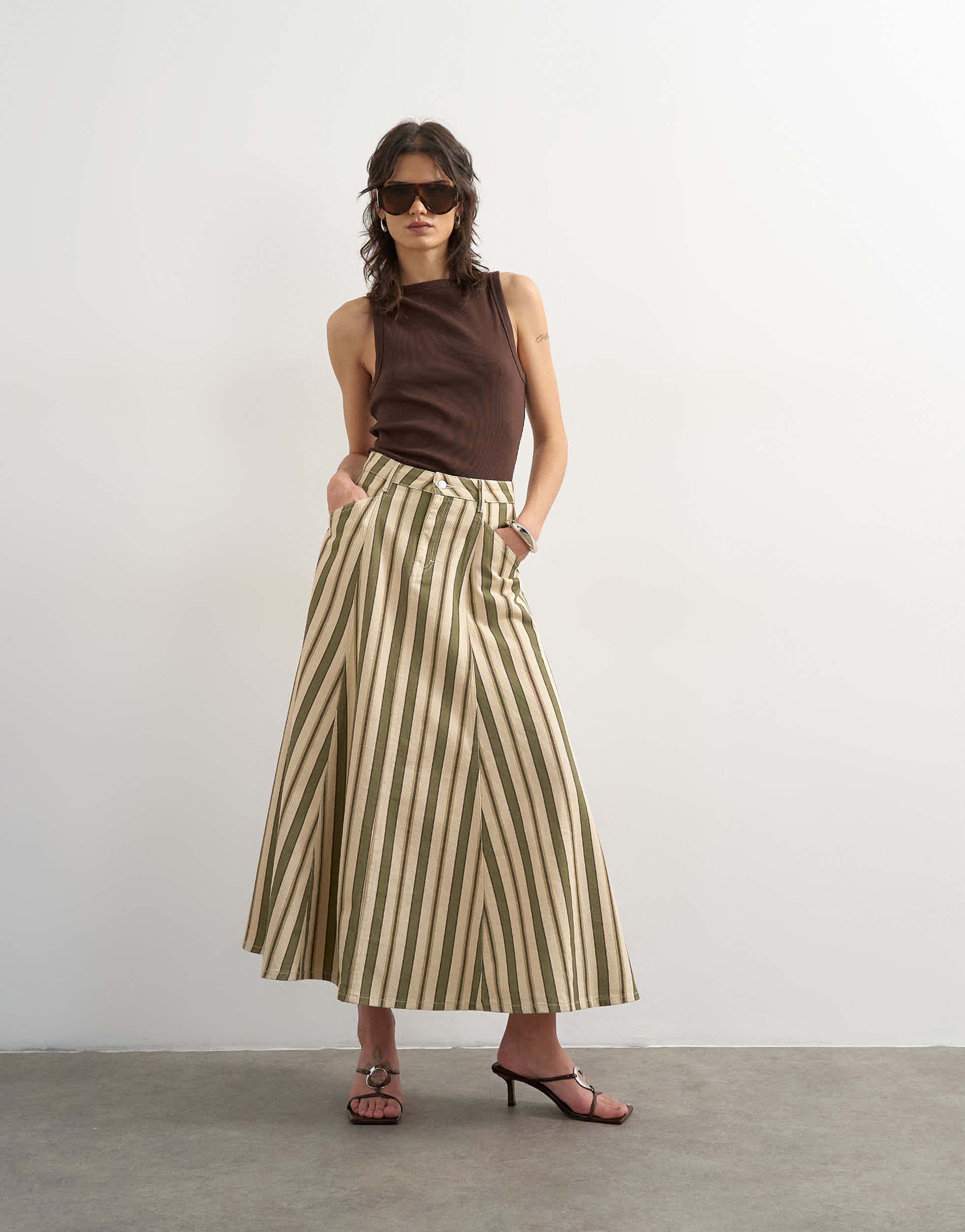 Topshop denim circle seamed maxi skirt in stripe