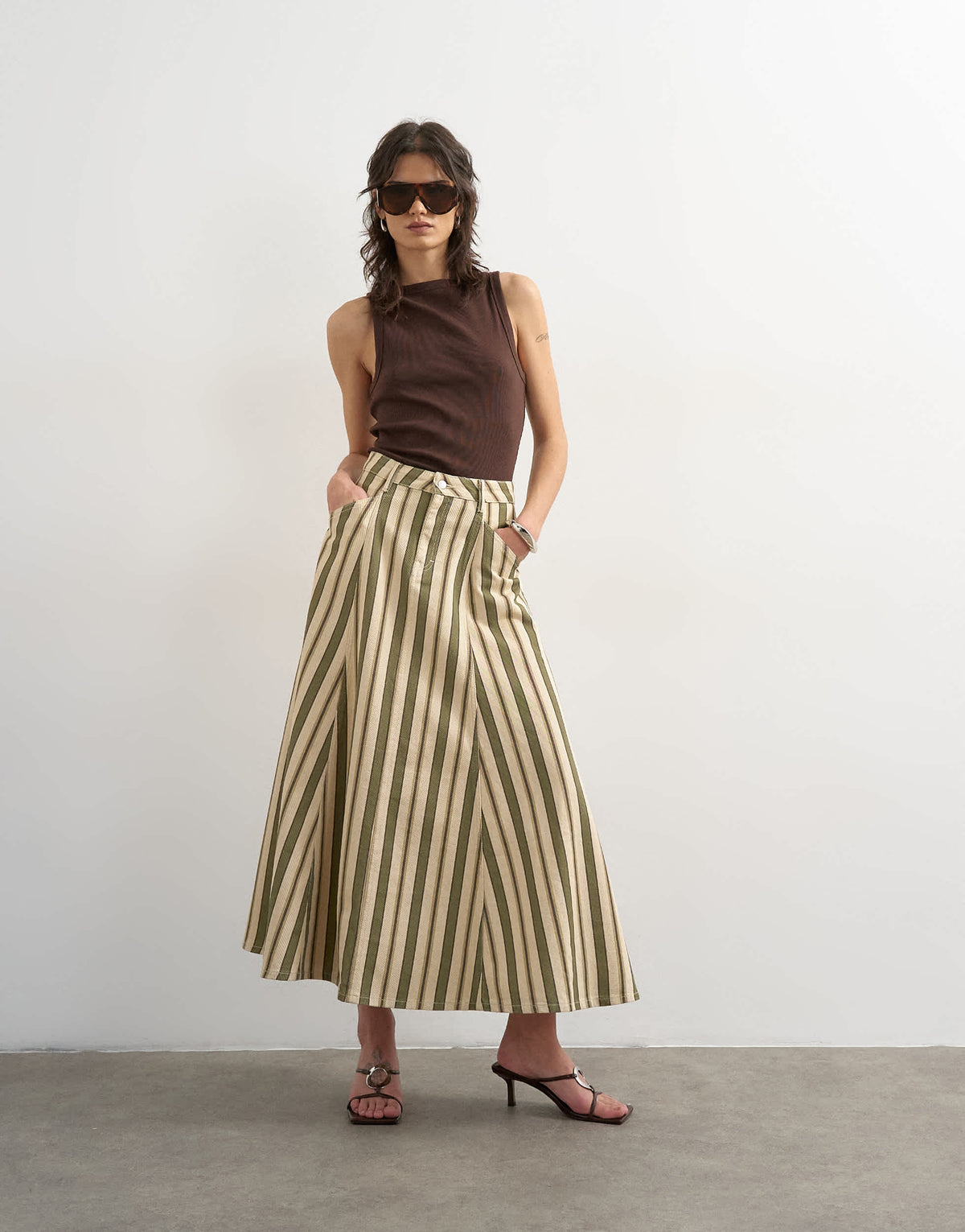 Topshop denim circle seamed maxi skirt in stripe