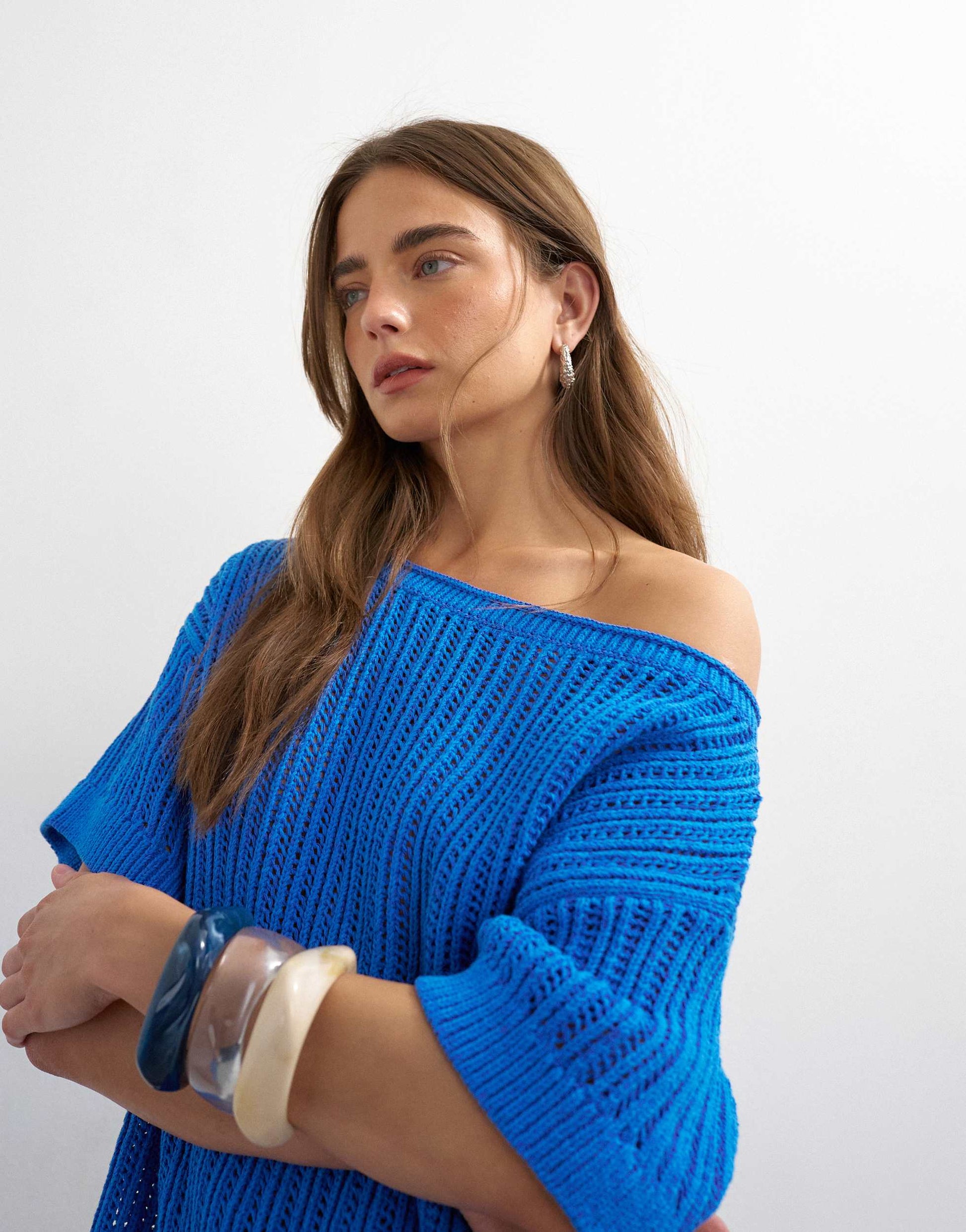 Topshop knitted crochet off the shoulder drape top in blue
