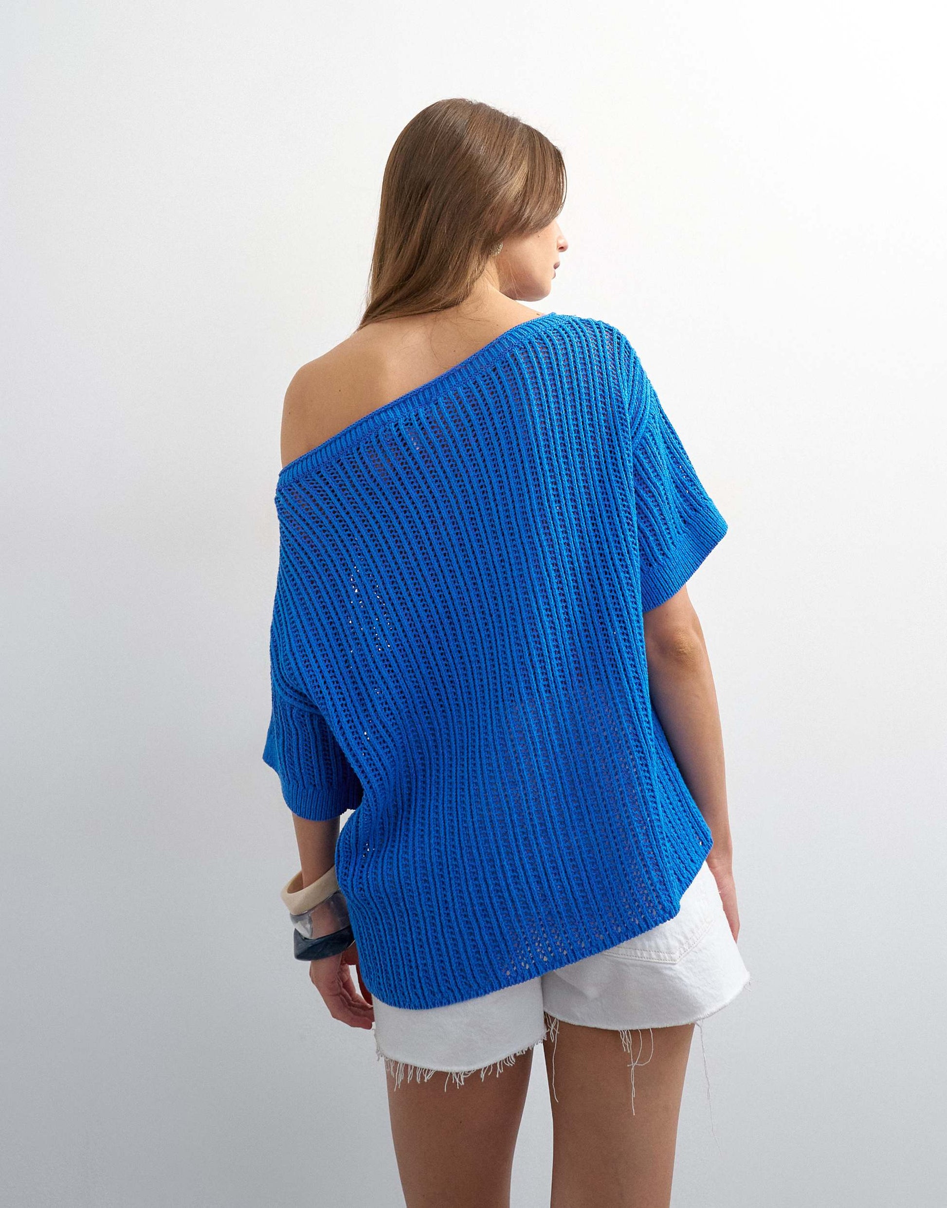 Topshop knitted crochet off the shoulder drape top in blue