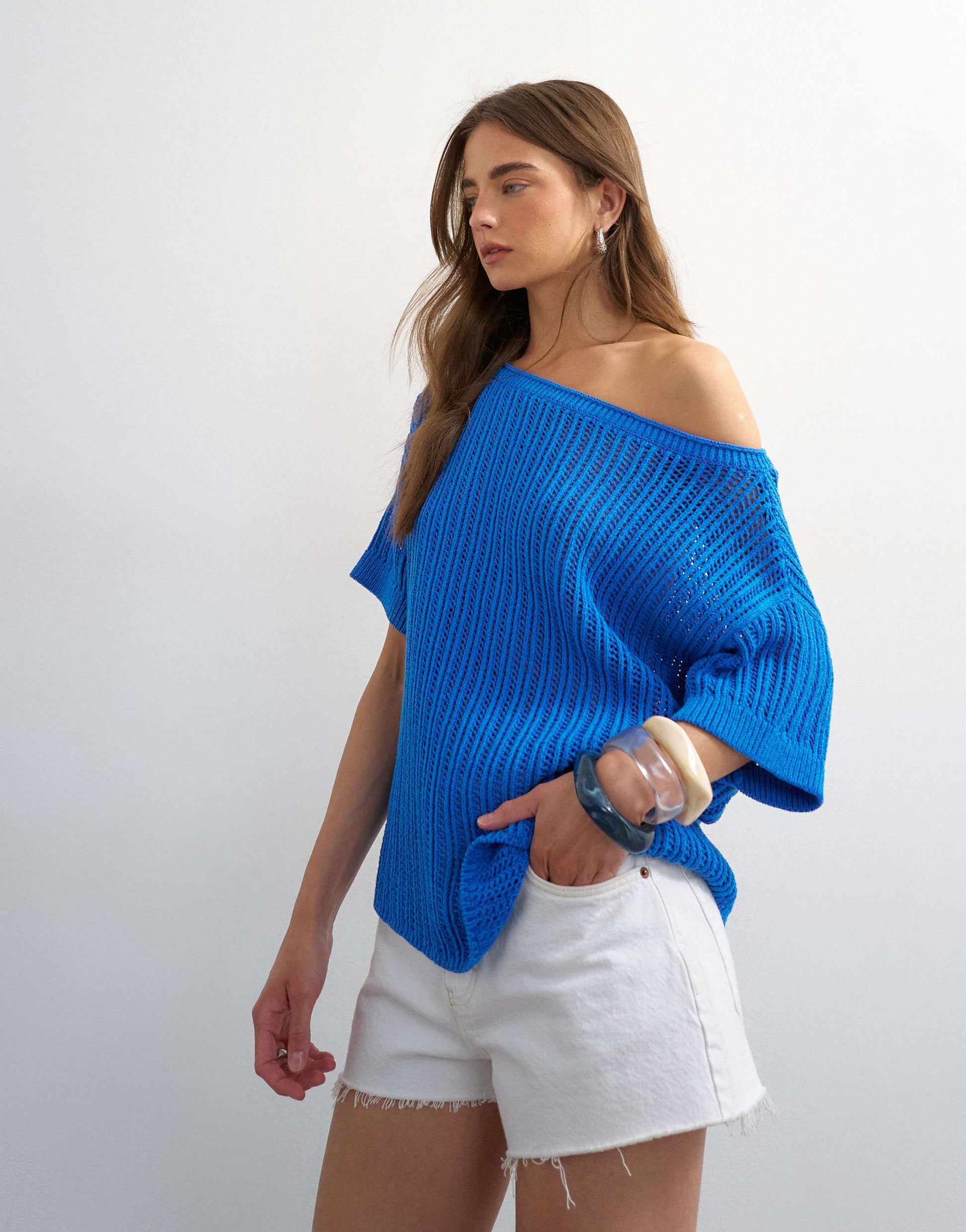 Topshop knitted crochet off the shoulder drape top in blue