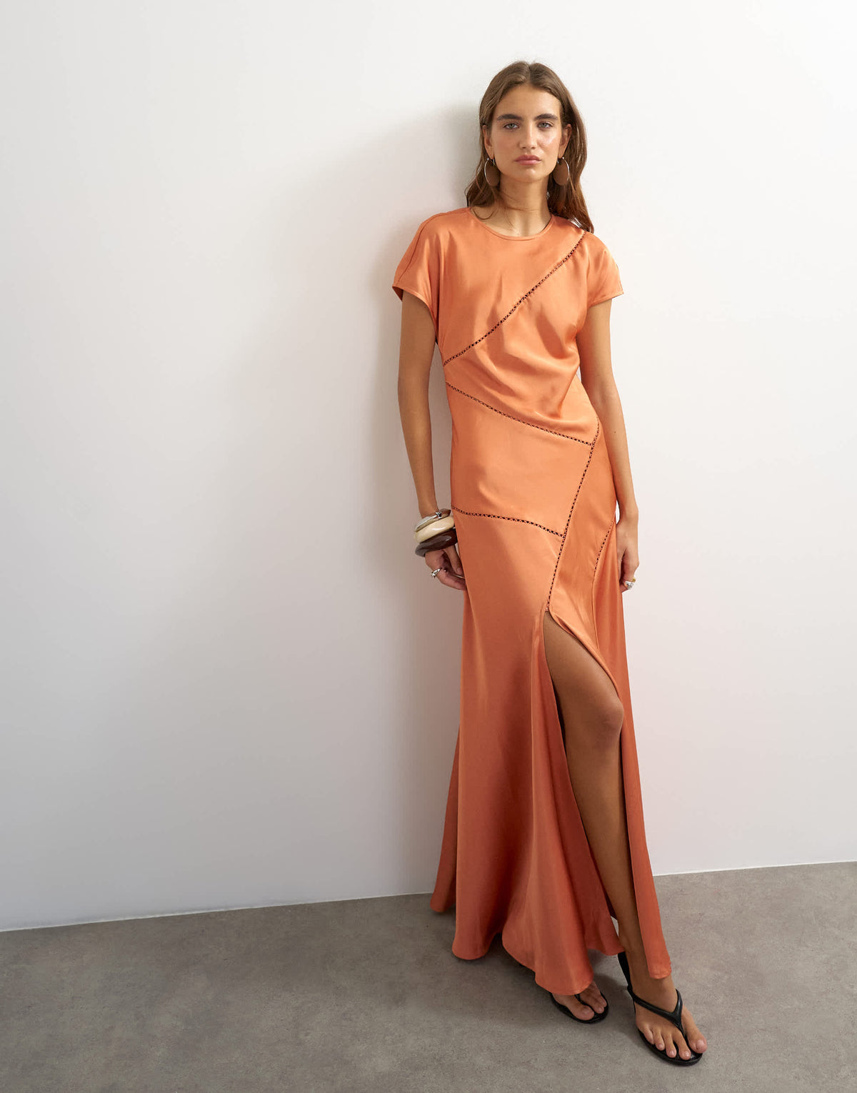 Topshop short sleeve satin panel detail maxi dress in orange