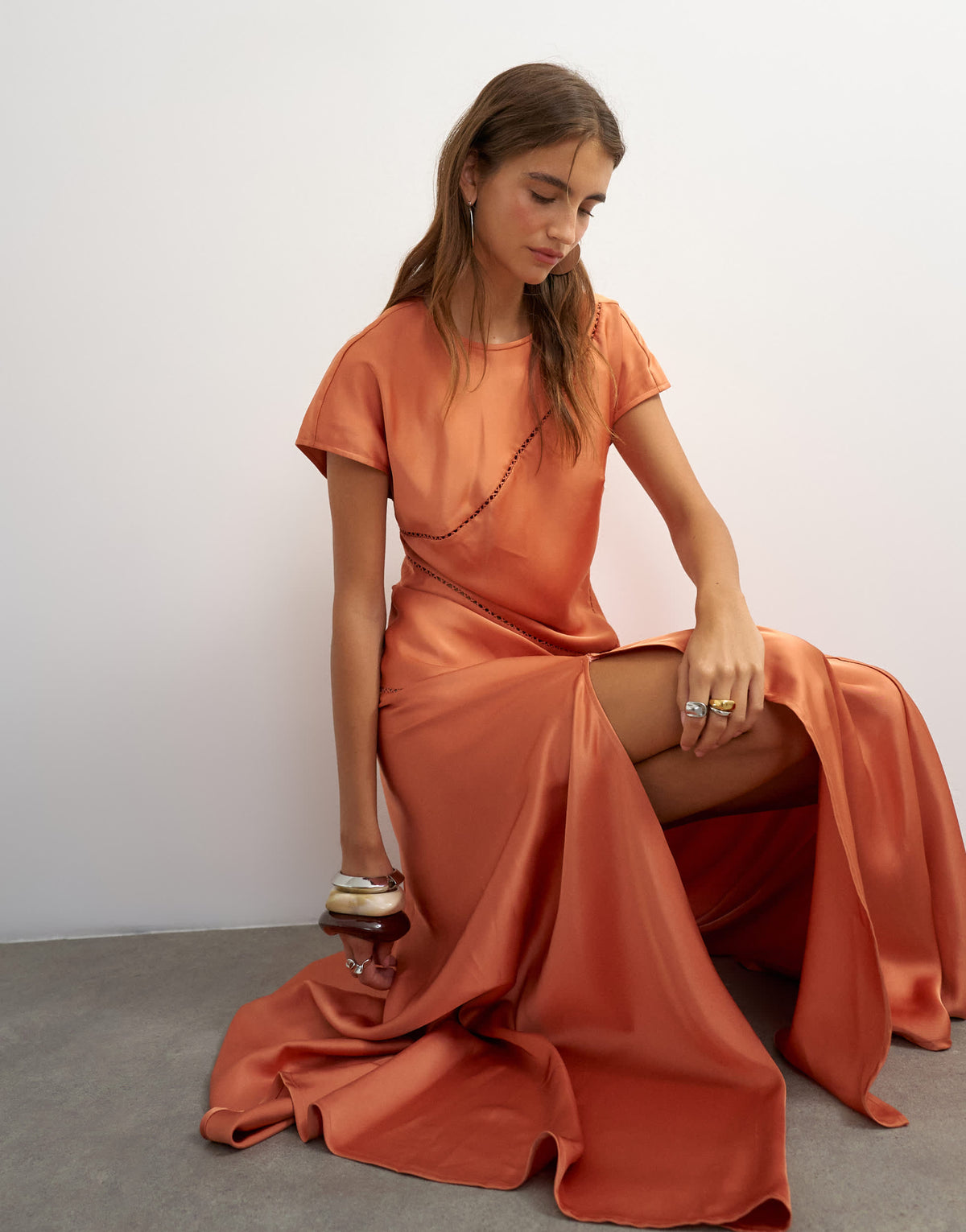 Topshop short sleeve satin panel detail maxi dress in orange