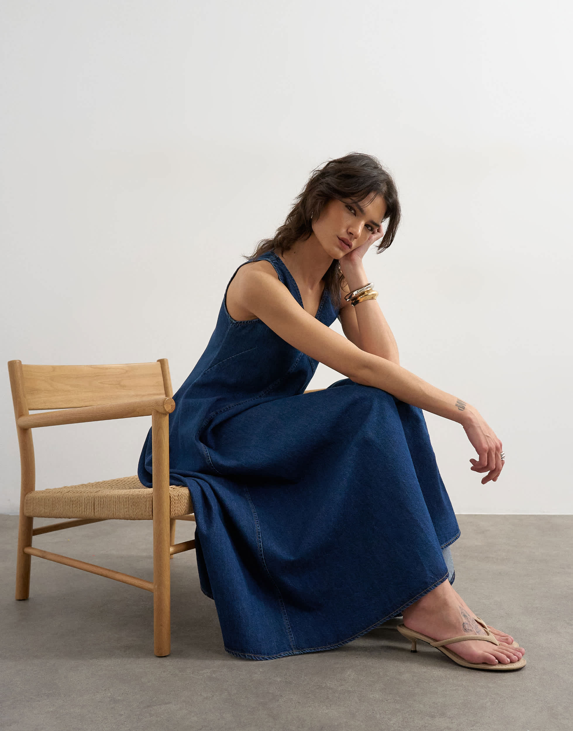 Topshop denim v neck seamed full maxi dress in rich blue