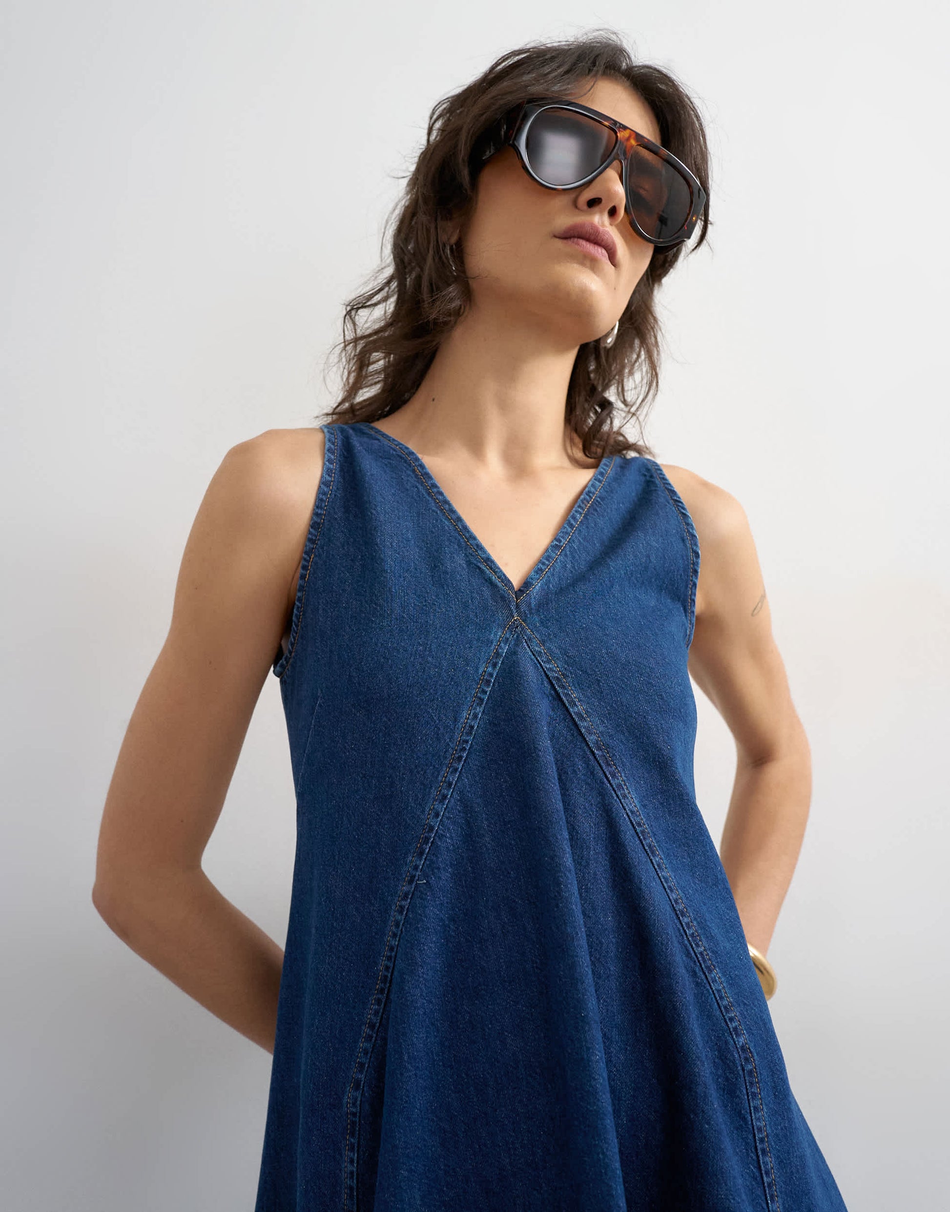Topshop denim v neck seamed full maxi dress in rich blue